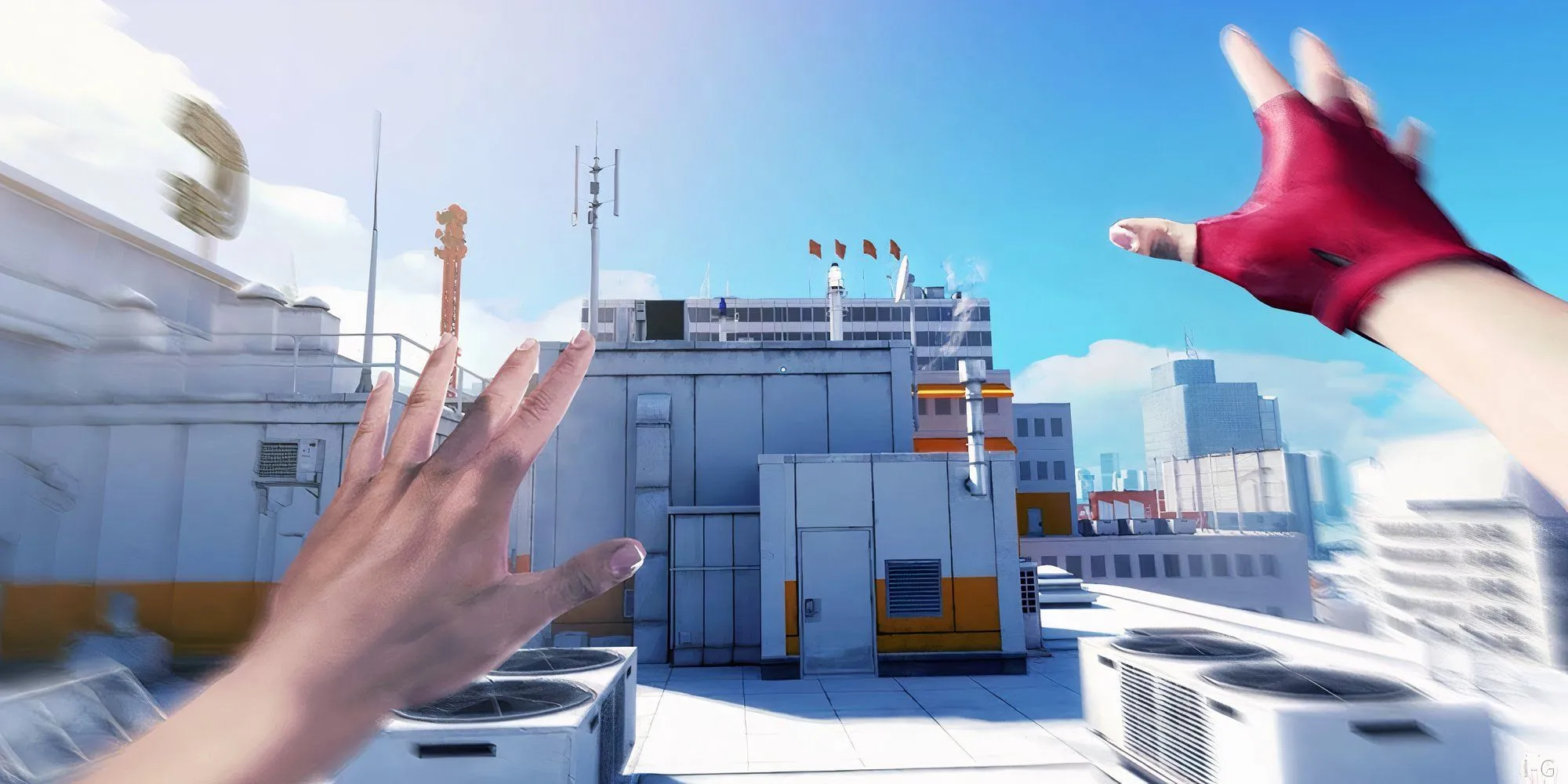 Faith chạy trên mái nhà trong Mirror's Edge, biểu tượng của sự linh hoạt và parkour