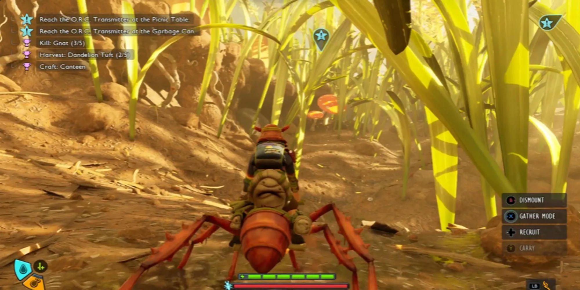 Game thủ cưỡi Buggie Red Ant trong Grounded 2, phương tiện di chuyển và vận chuyển linh hoạt giúp vượt qua những thử thách trong khu vườn.
