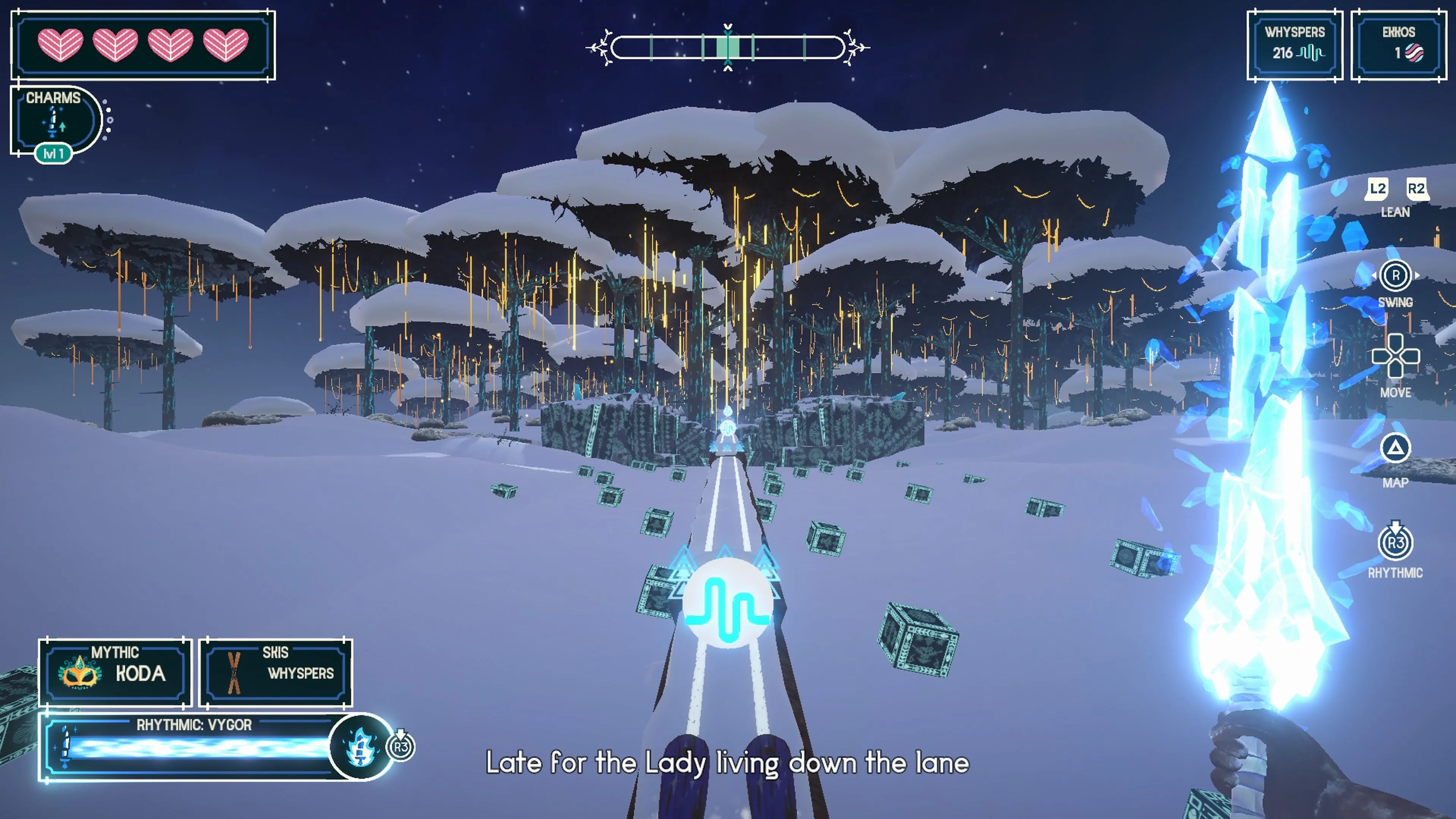 Game thủ đang trượt tuyết né vật cản trong Fresh Tracks, màn hình hiển thị điểm số và nhịp điệu