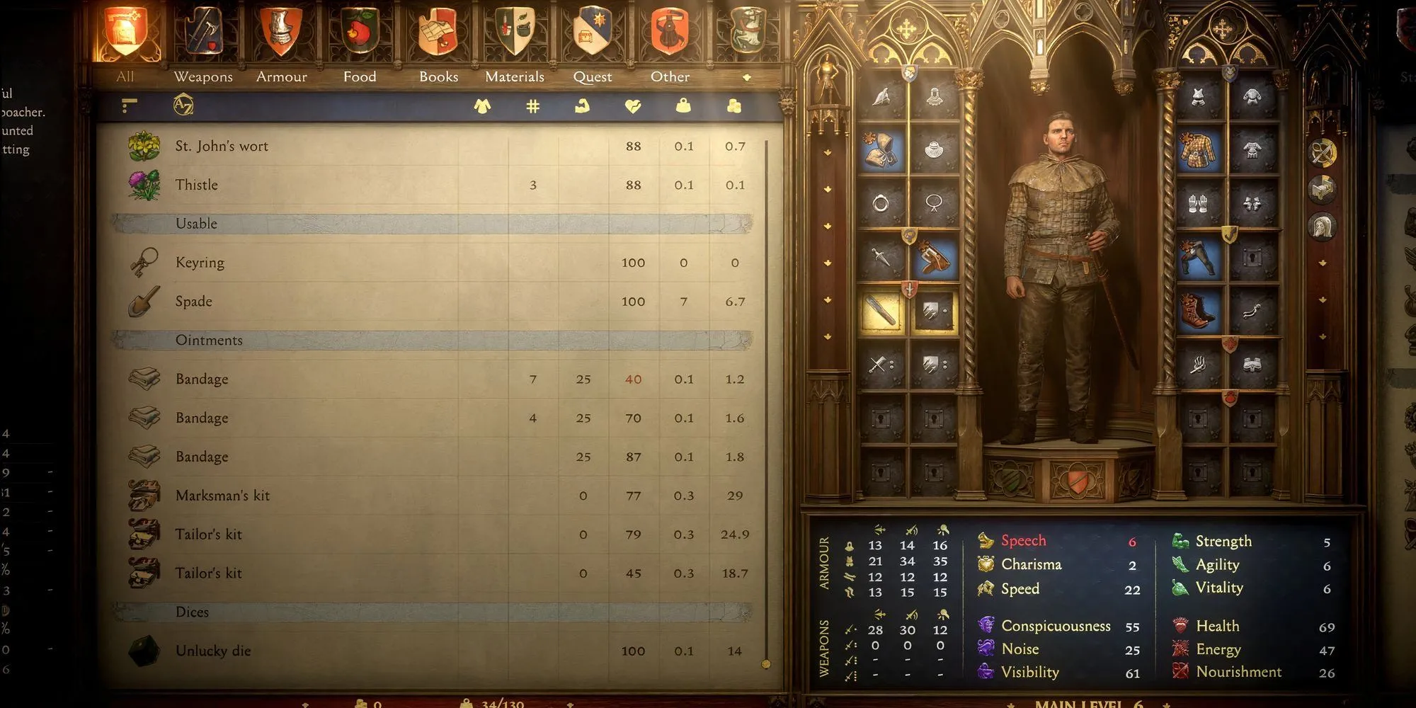 Giao diện hành trang của Henry trong Kingdom Come Deliverance 2, hiển thị các vật phẩm y tế và lương thực cần thiết.