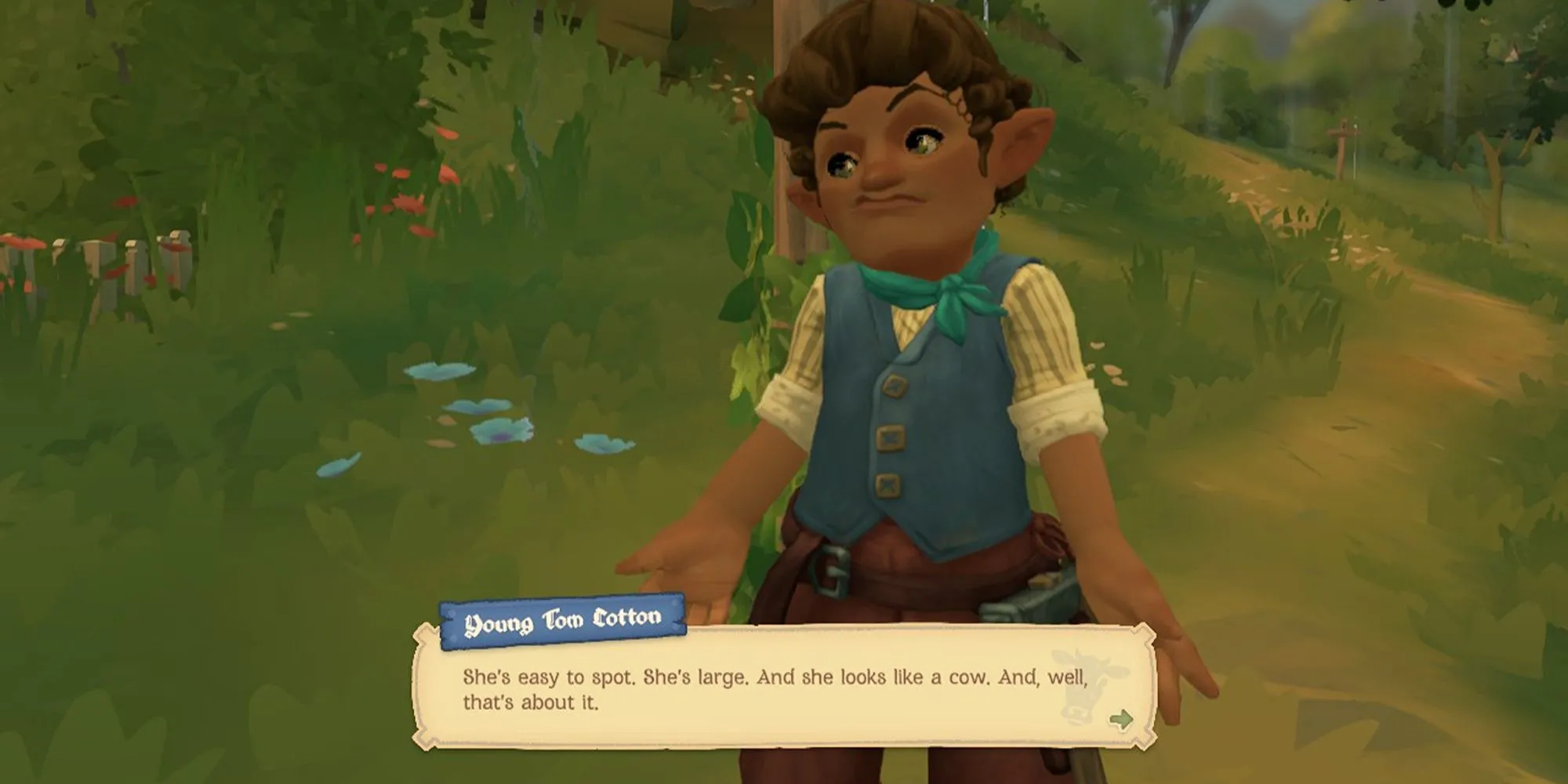 Giao diện hội thoại với bò trong Tales of the Shire, minh họa các nhiệm vụ lặt vặt và sự thiếu nhất quán trong văn phong.