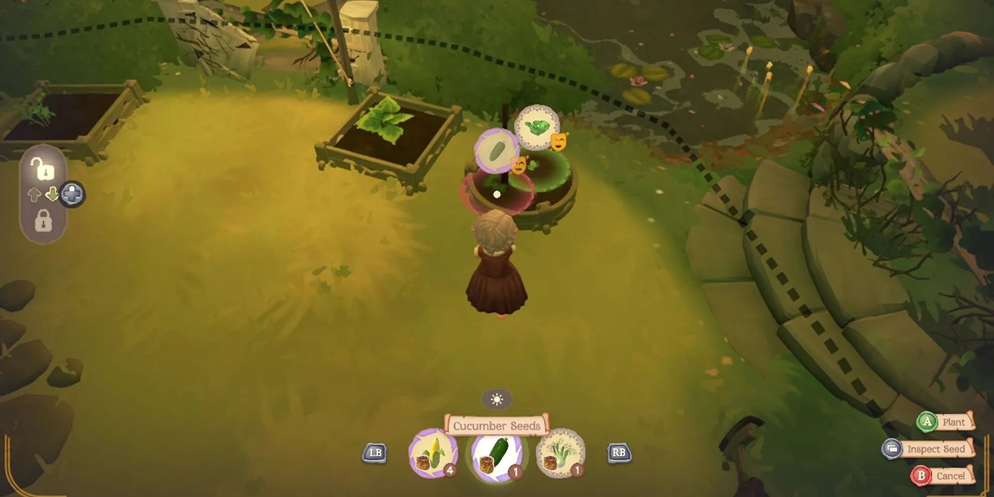 Giao diện làm vườn trong Tales of the Shire hiển thị các loại cây trồng tương thích, tối ưu hóa năng suất.