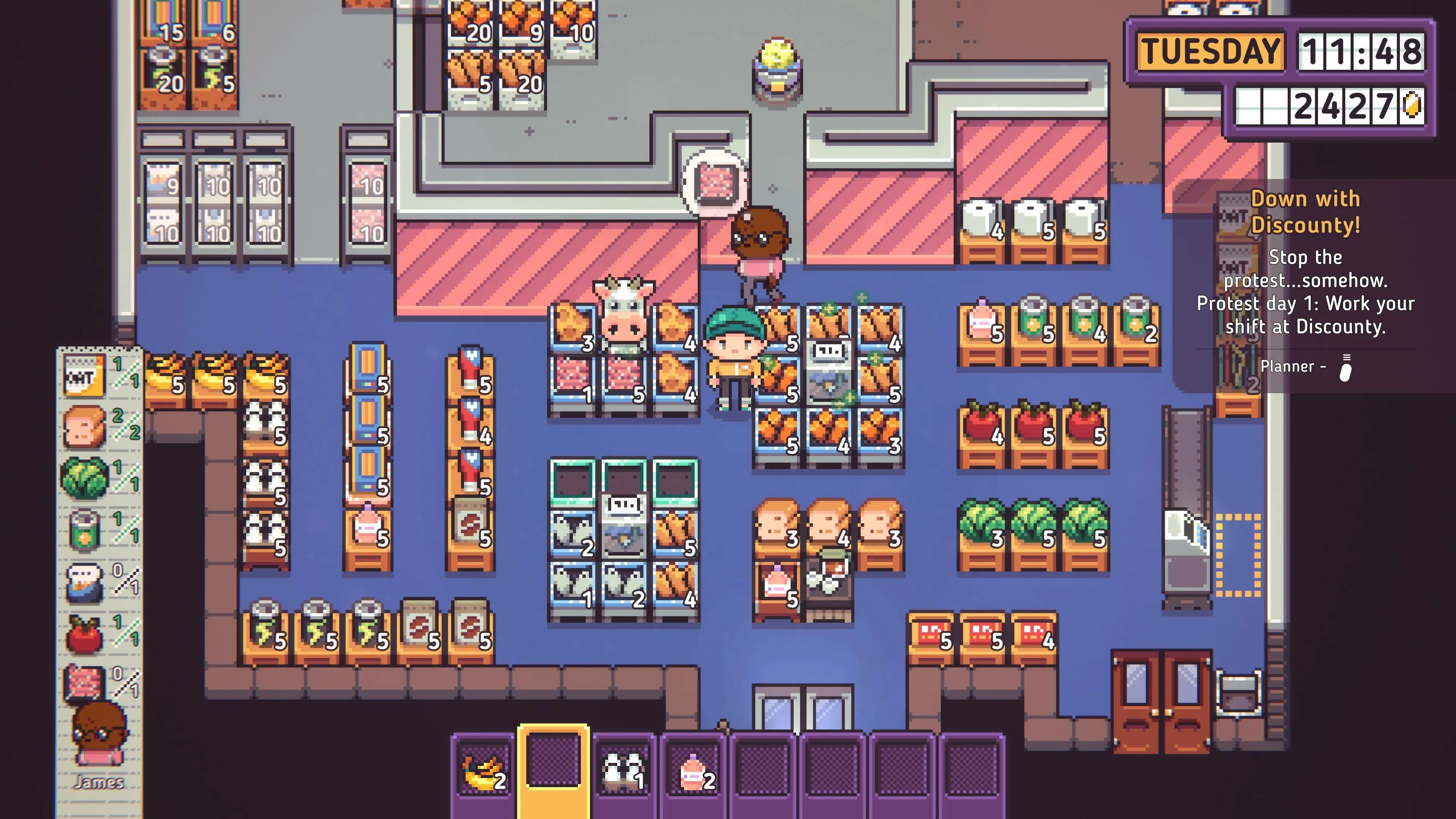Giao diện quản lý cửa hàng tạp hóa trong game Discounty, hiển thị kệ hàng và quầy tính tiền