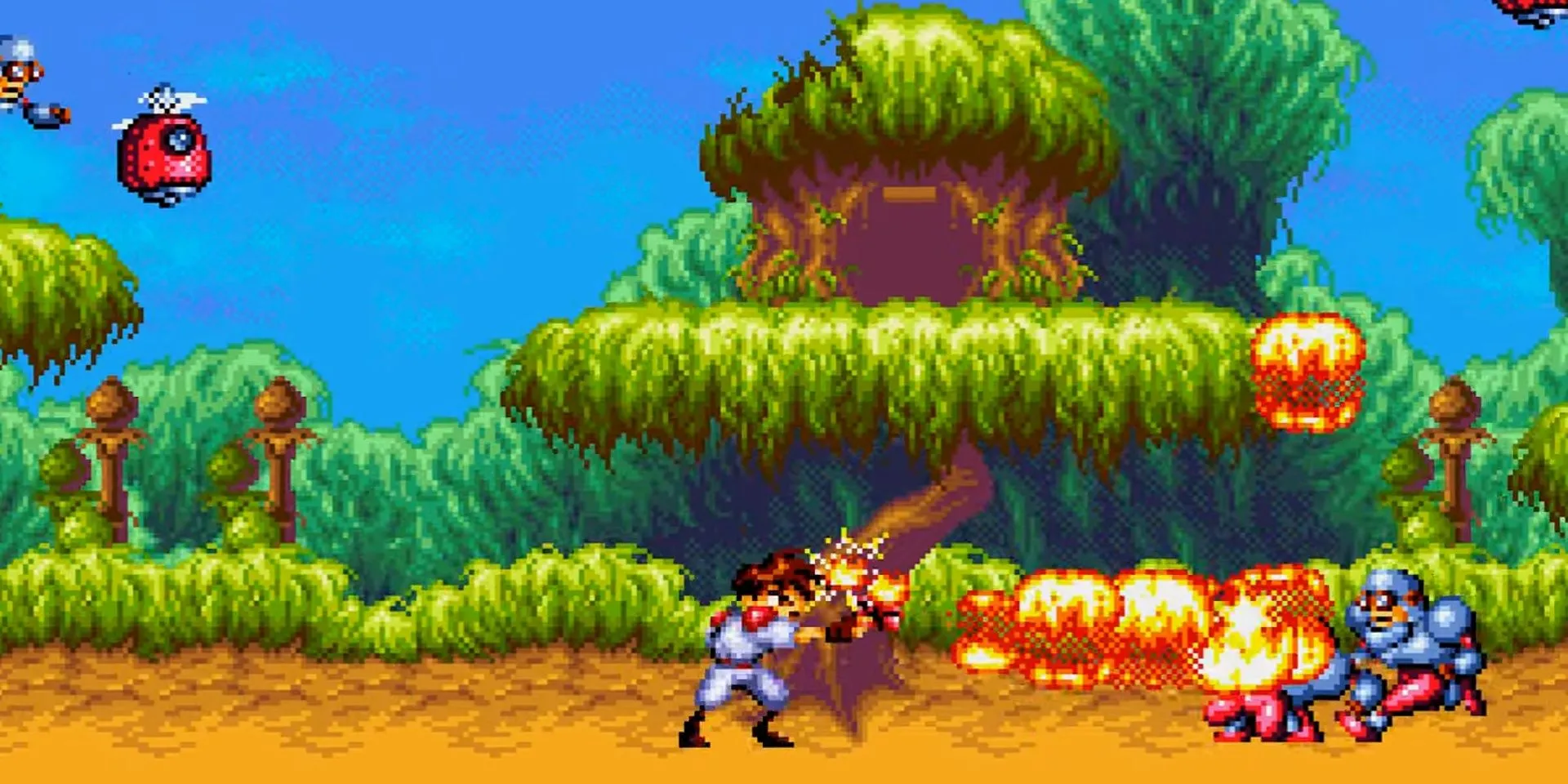 Hai anh hùng Gunstar sử dụng súng lửa kết hợp mạnh mẽ để vượt qua kẻ thù trong Gunstar Heroes