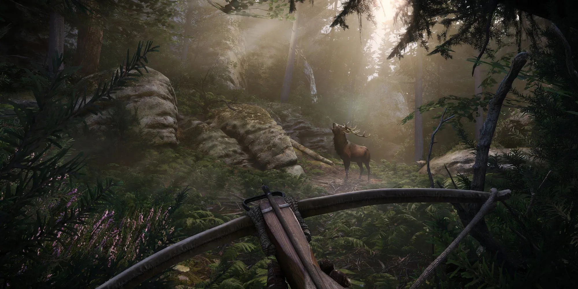 Henry đang săn hươu bằng nỏ trong bối cảnh tự nhiên của Kingdom Come Deliverance 2, minh họa chiến thuật tấn công từ xa.