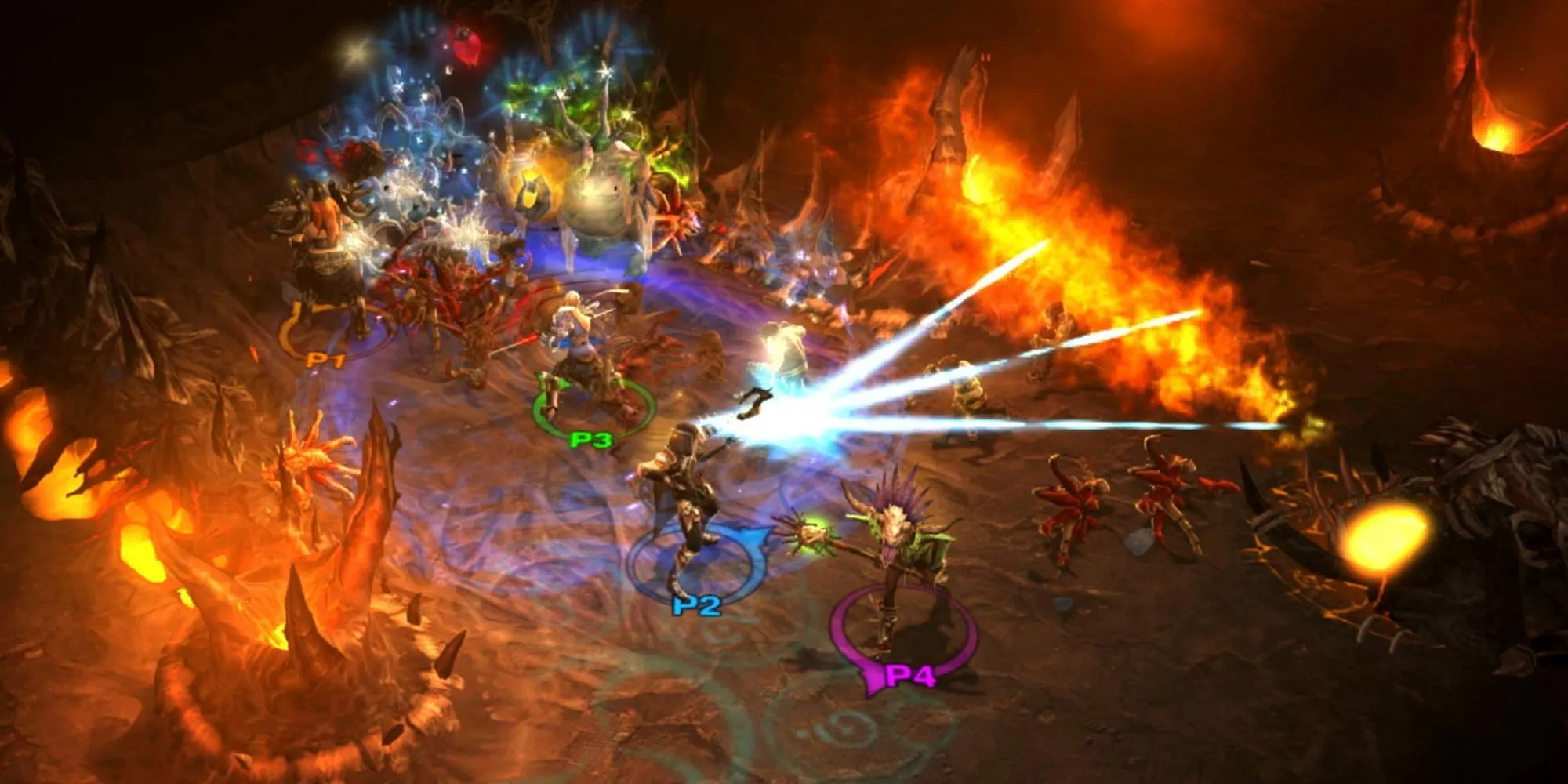 Hình ảnh chiến đấu hoành tráng trong Diablo 3, với nhiều hiệu ứng kỹ năng và ánh sáng cam huyền thoại.