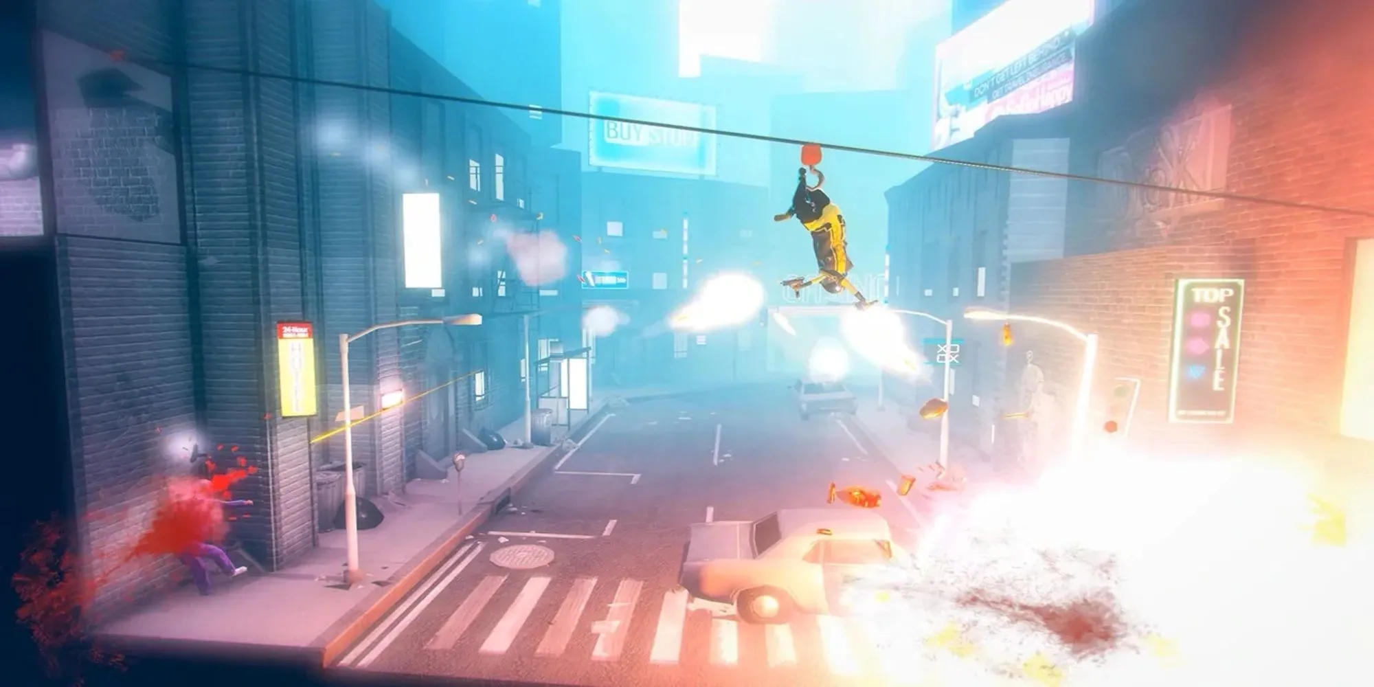 Hình ảnh gameplay My Friend Pedro với nhân vật chính thực hiện pha hành động bay lượn