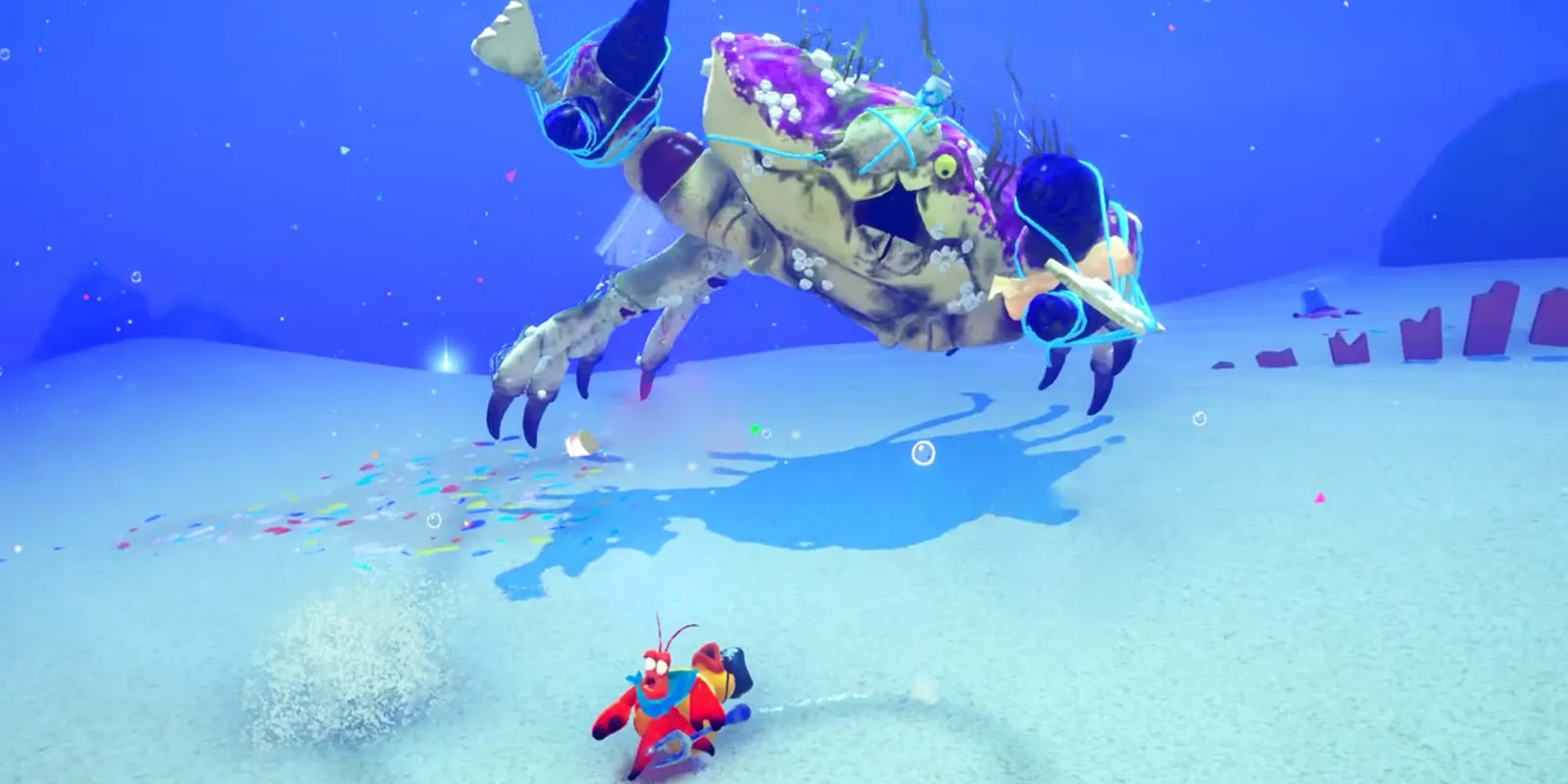 Hình ảnh Kril, nhân vật chính của Another Crab's Treasure, đang chiến đấu dưới đáy biển.
