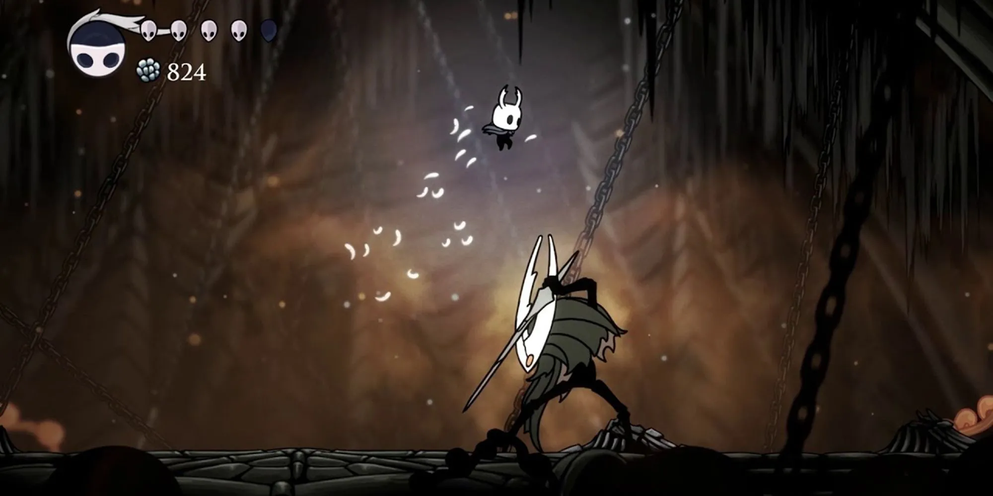 Kị Sĩ đối mặt Hollow Knight trong Kết Thúc 1: The Hollow Knight, không có Void Heart