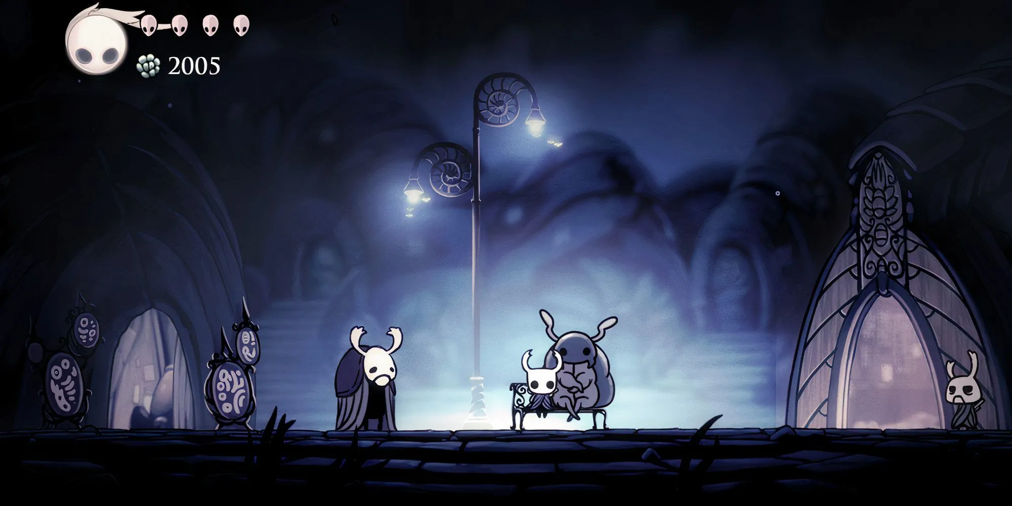 Kỵ Sĩ Rỗng nghỉ ngơi bên một NPC trên chiếc ghế dài biểu tượng của Hollow Knight, khoảnh khắc bình yên giữa thế giới đầy thử thách