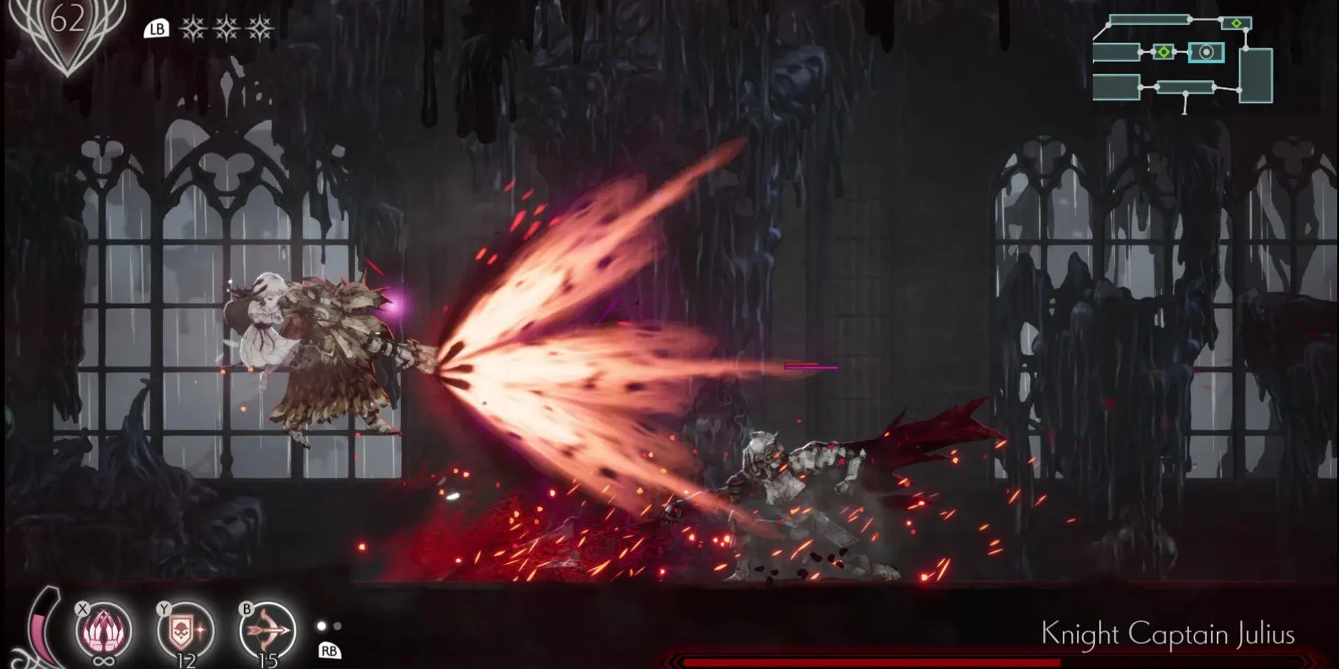 Lily chiến đấu với Boss Knight Captain Julius trong Ender Lilies, game Soulsvania đen tối.