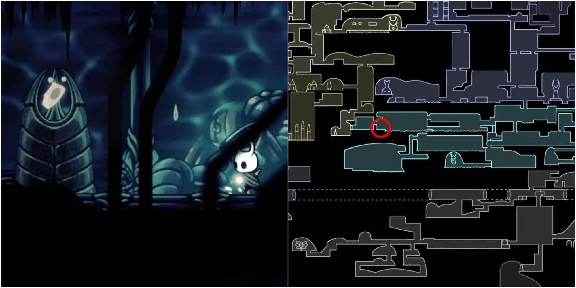 Mảnh Mặt Nạ ẩn mình trong Royal Waterways, đòi hỏi kỹ năng Mothwing Cloak Hollow Knight