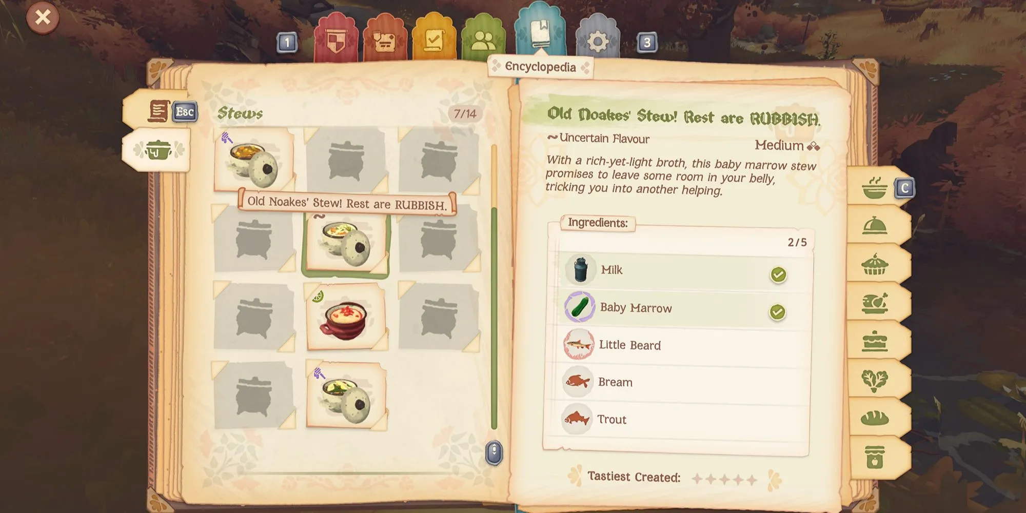 Món hầm &quot;Old Noakes' Stew! Rest are RUBBISH&quot; trong Tales of the Shire, minh họa sự hài hước trong tên công thức nấu ăn.