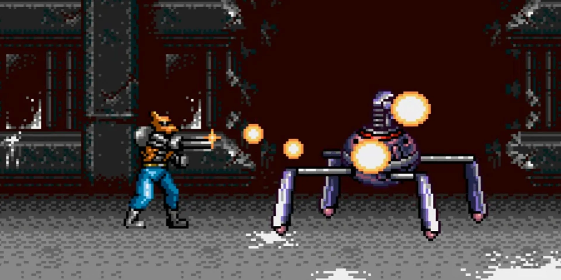 Nhân vật Brad Fang khai hỏa súng máy hạ gục robot khổng lồ trong Contra: Hard Corps, một huyền thoại Run and Gun