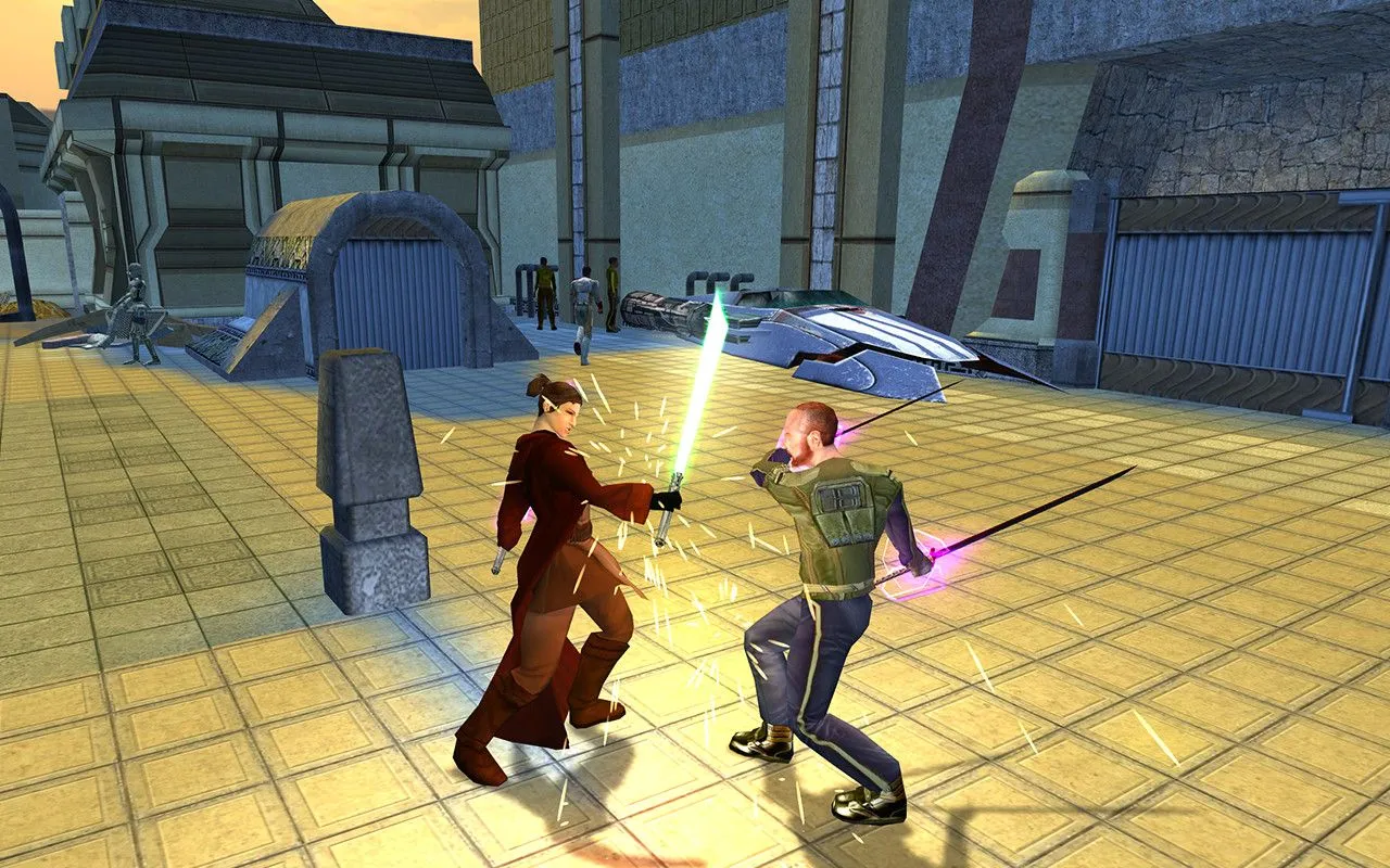 Nhân vật chính đối mặt với các kẻ thù Sith trong một trận chiến căng thẳng trong Star Wars: KOTOR II.