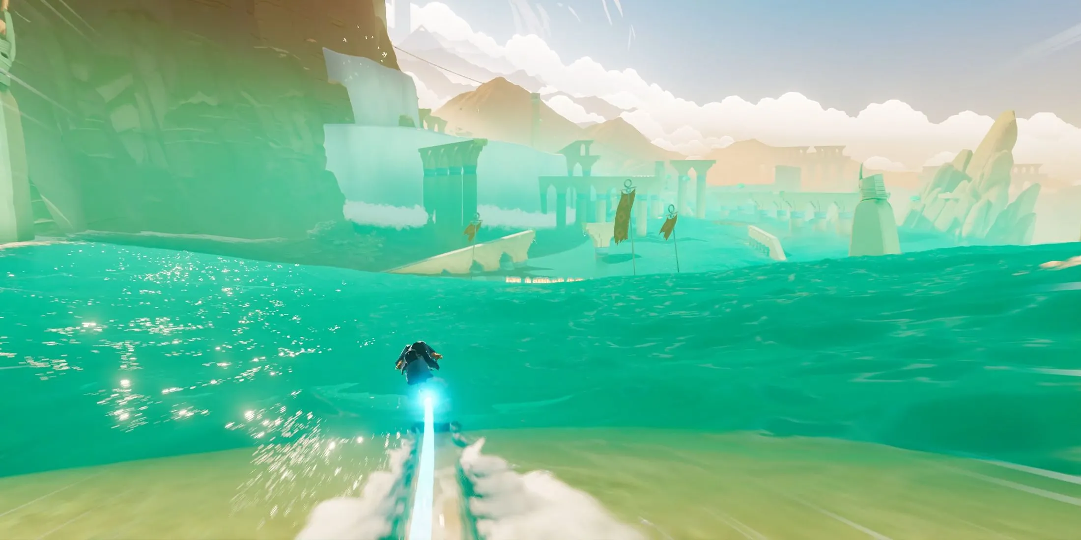 Nhân vật chính lướt ván trên mặt nước, tạo dáng điệu nghệ trong game Sword of the Sea.