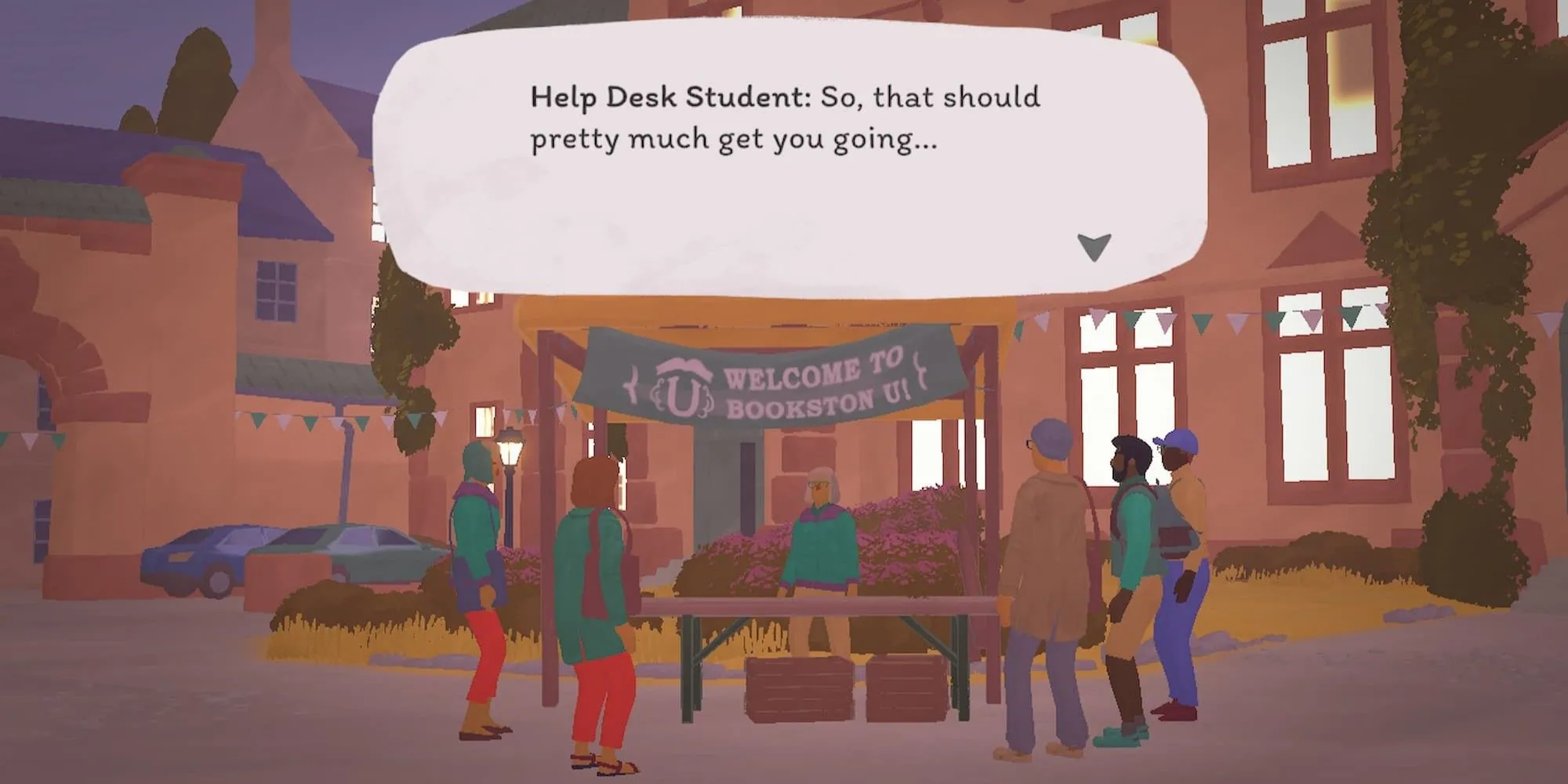 Nhân vật học sinh tại bàn hỗ trợ trong game Tiny Bookshop, gợi ý về các nhân vật phụ và nhiệm vụ