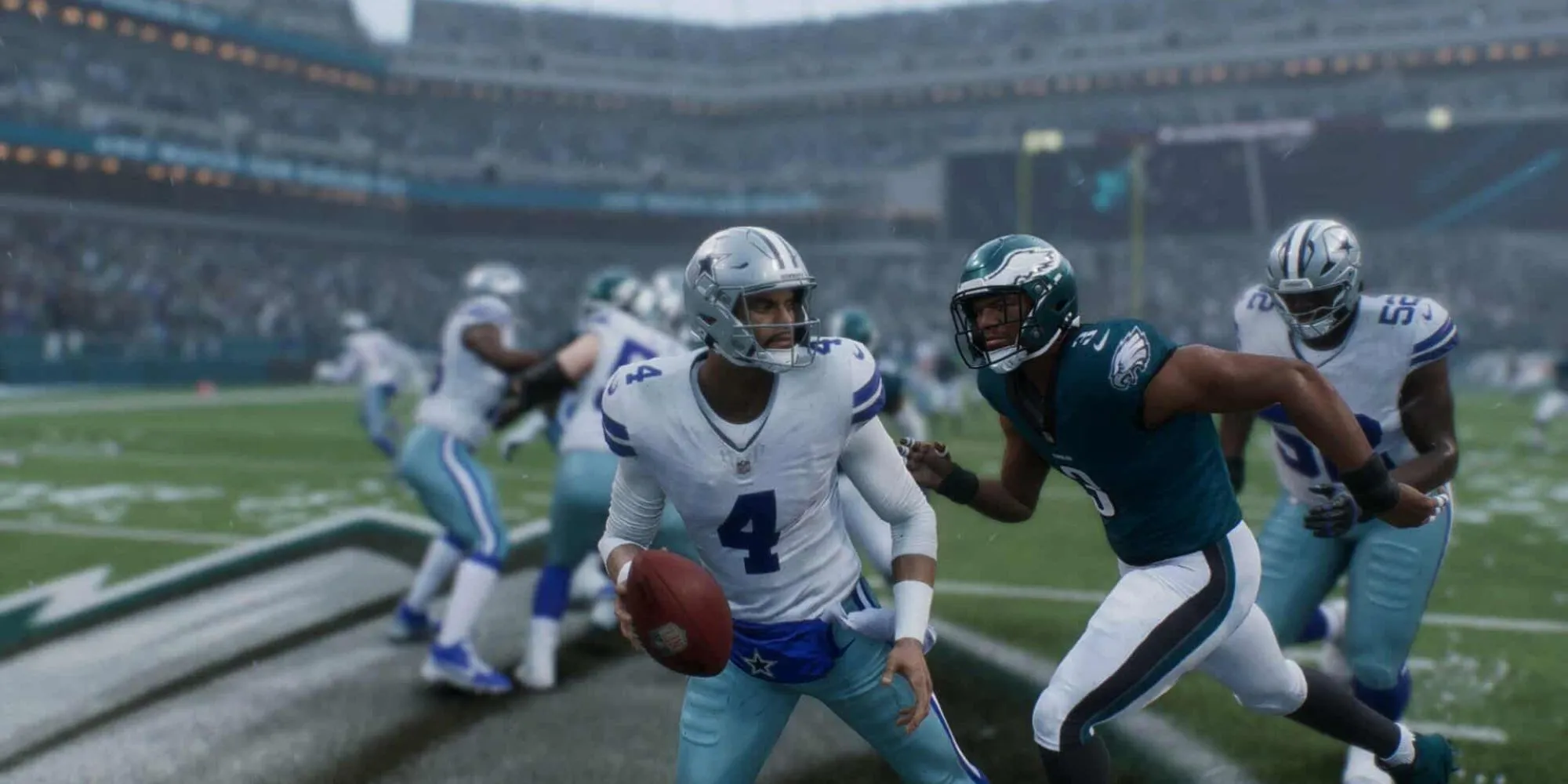 Pha Sack Dak Prescott trong Madden NFL 26, thể hiện sự thiếu chiều sâu chiến thuật của AI phòng ngự.