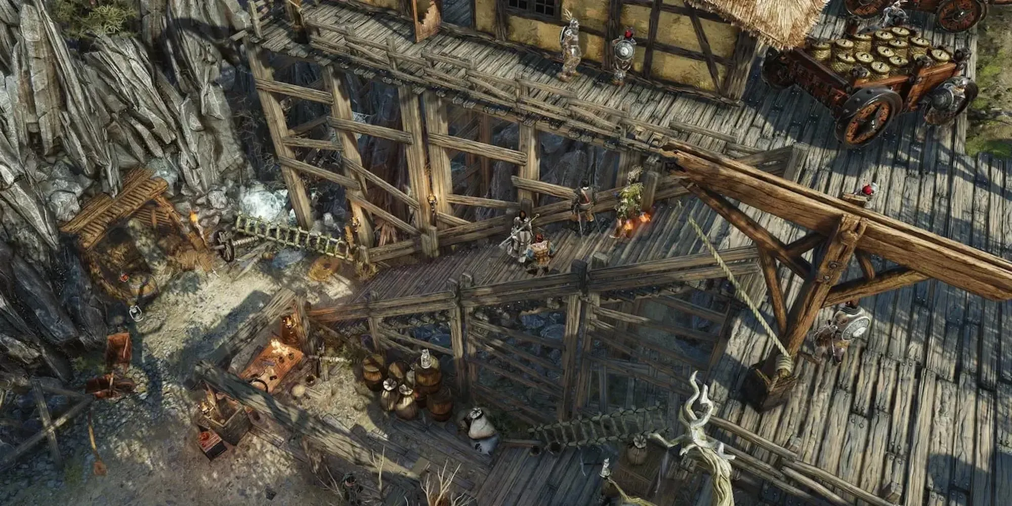 Pháo đài gỗ bốc cháy trong một trận chiến hỗn loạn đầy thách thức trong Divinity: Original Sin 2.