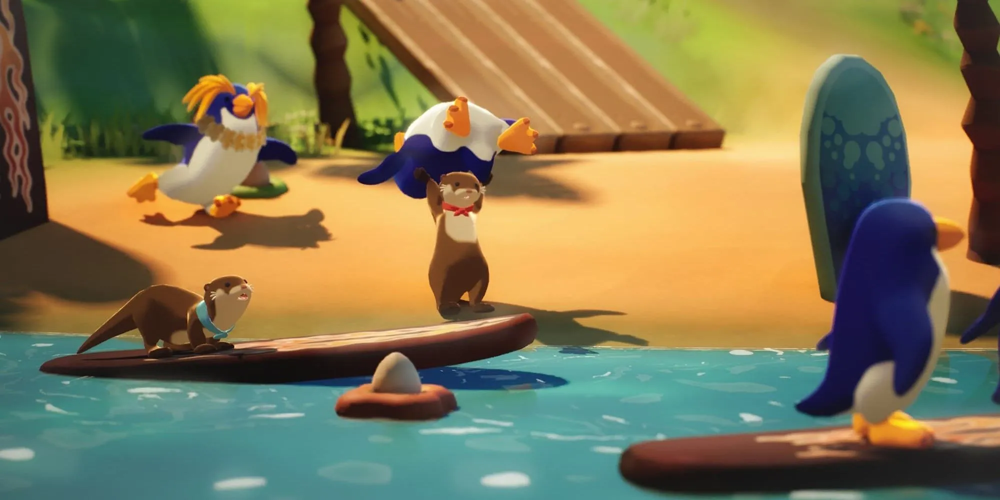 Rái cá tinh nghịch ném chim cánh cụt trong That One Otter Game, cuộc phiêu lưu co-op hài hước