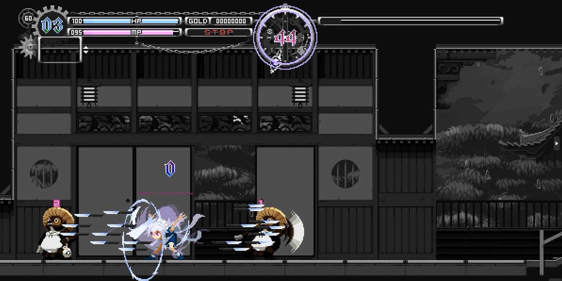 Sakuya Izayoi ném dao trong thời gian dừng trong Touhou Luna Nights.