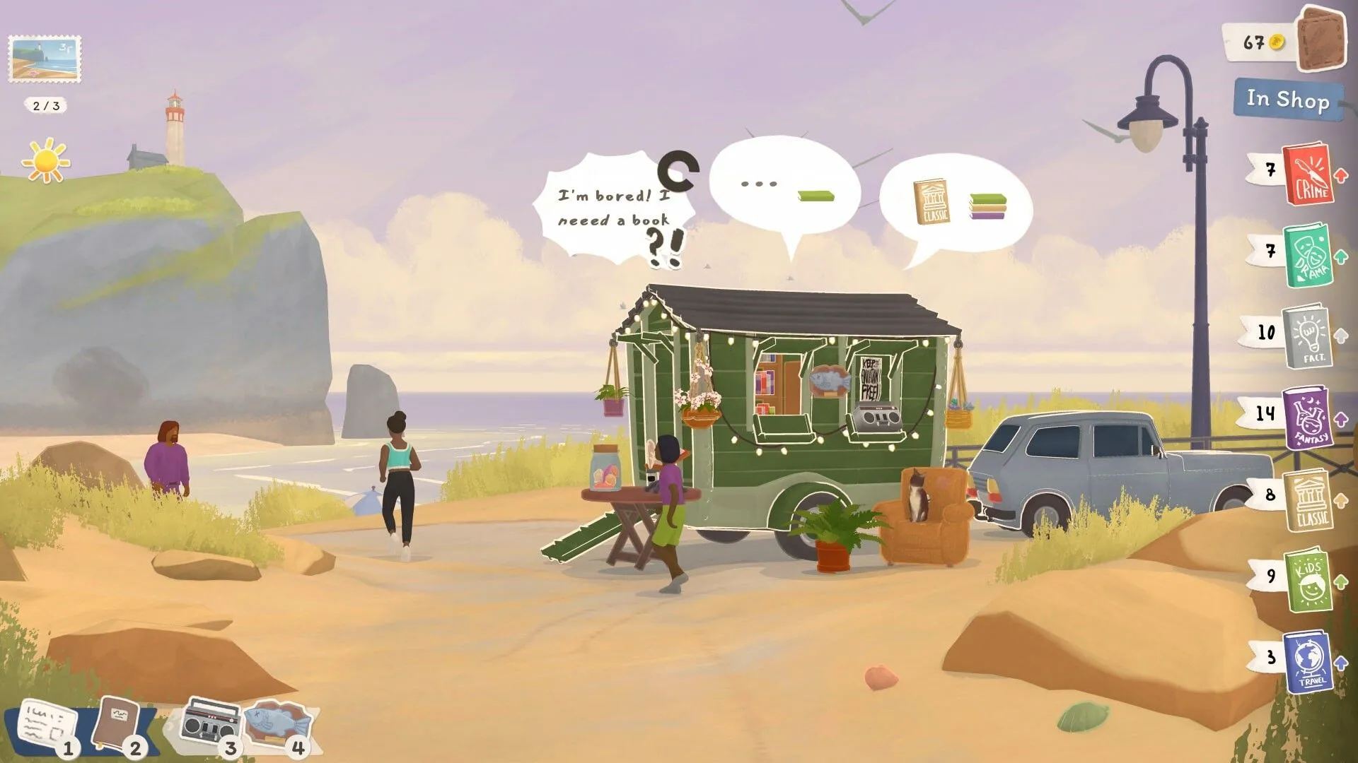 Screenshot gameplay Tiny Bookshop: Góc nhìn từ hiệu sách di động nhìn ra thị trấn
