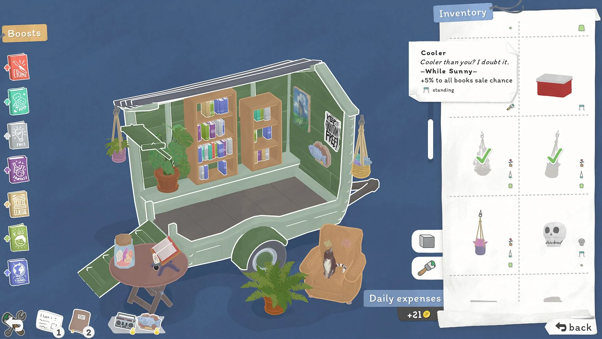 Screenshot gameplay Tiny Bookshop: Khung cảnh thư giãn bên bãi biển với hiệu sách di động