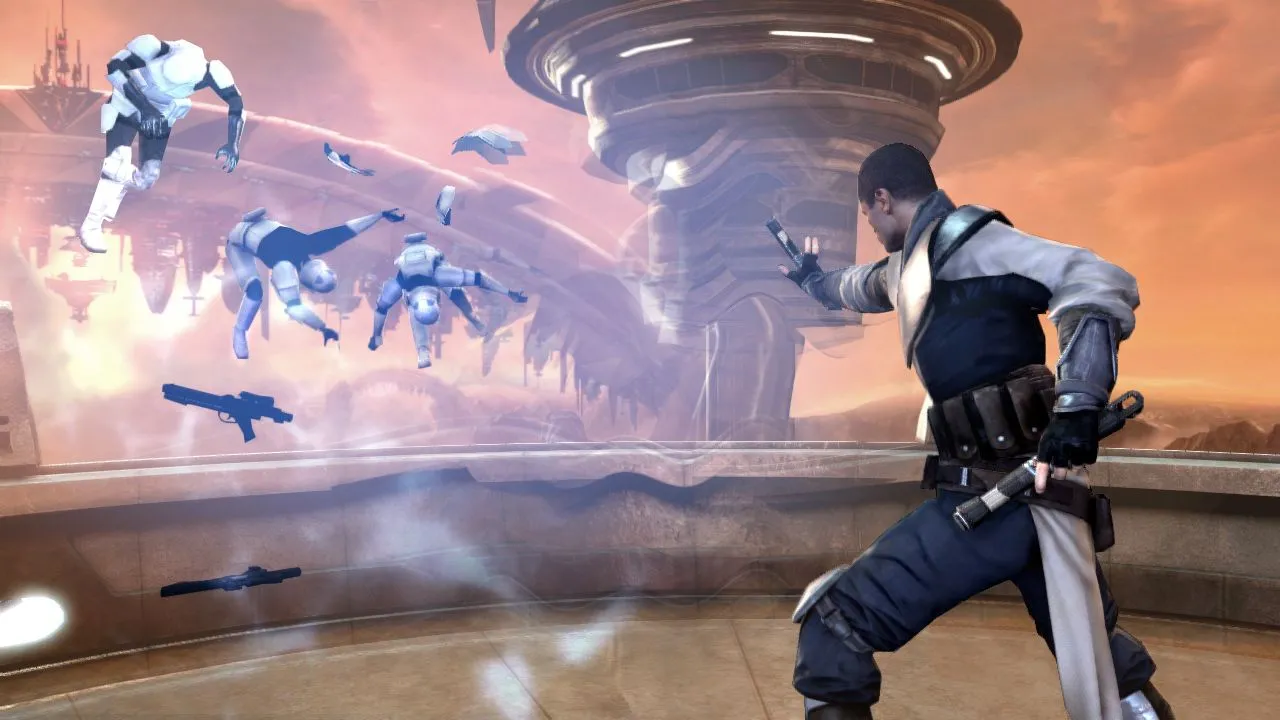 Starkiller trong một cảnh quay từ trailer Star Wars The Force Unleashed II với hai thanh kiếm ánh sáng