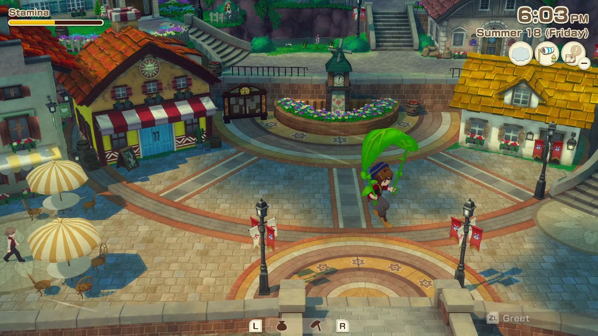 Story of Seasons Grand Bazaar: Nhân vật chính đang dắt dê đi dạo trong thị trấn.