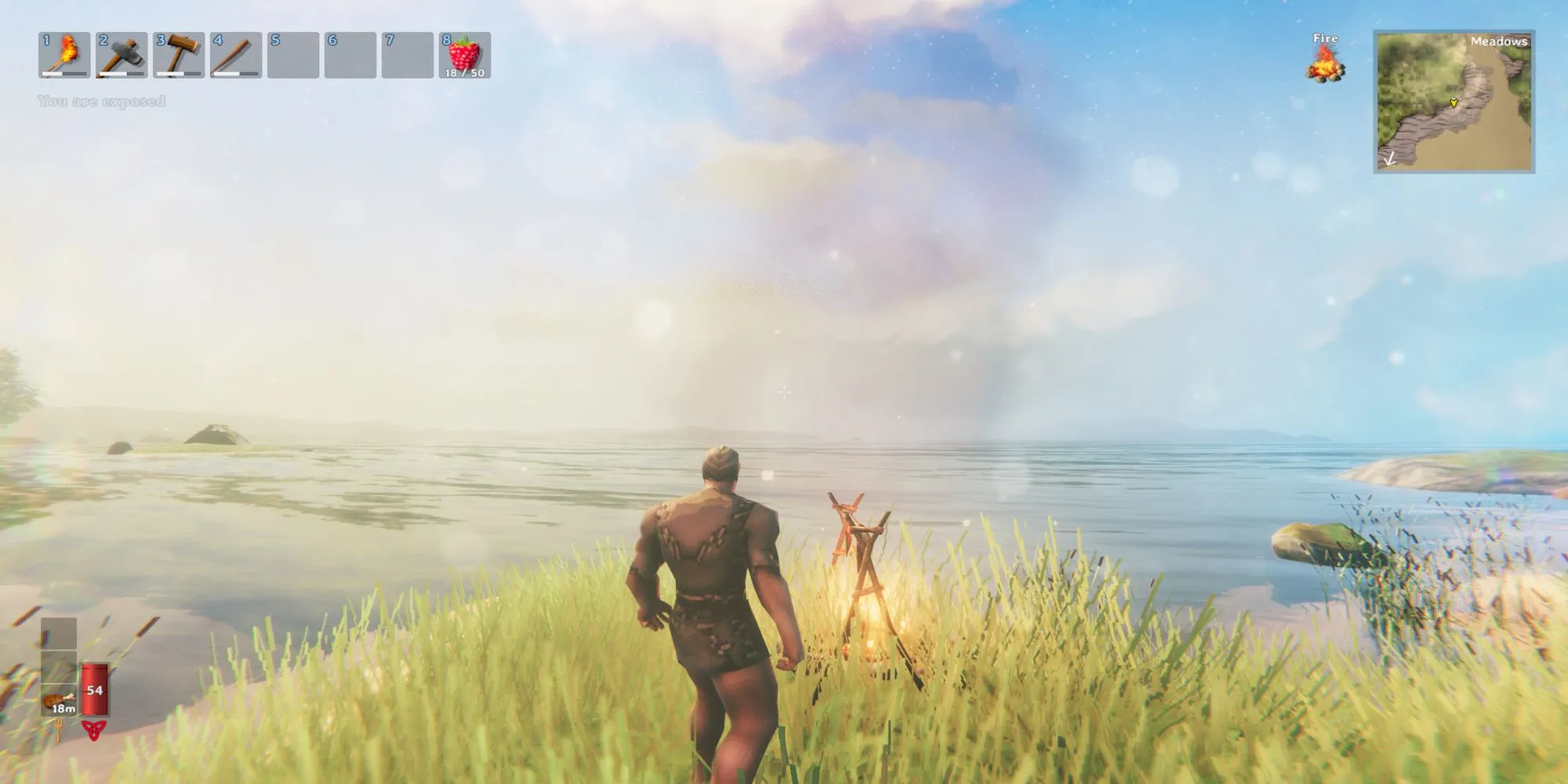 Valheim - Chiến binh Viking nhìn ra biển với lửa trại trong game sinh tồn