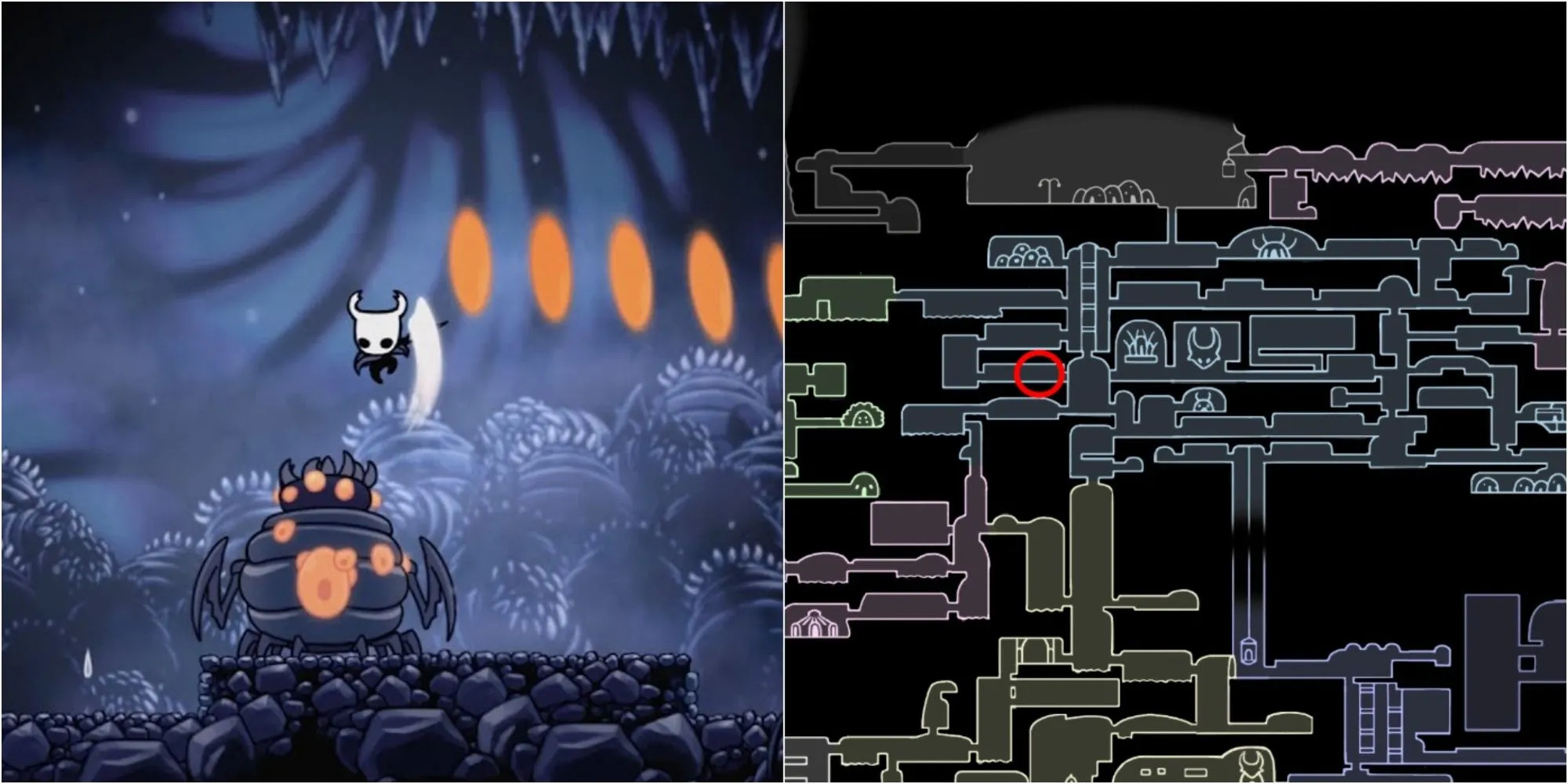 Vị trí Brooding Mawlek, boss ẩn giữ Mảnh Mặt Nạ ở Forgotten Crossroads Hollow Knight
