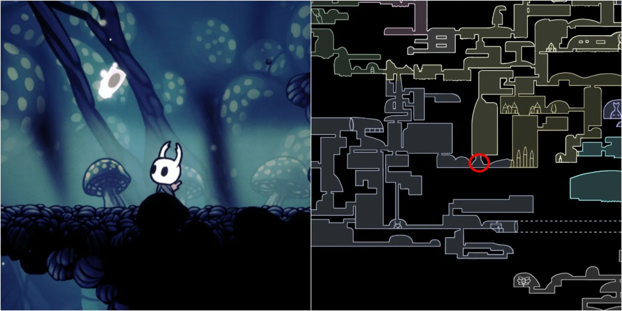 Vị trí Mảnh Mặt Nạ ở Deepnest, cần Monarch Wings từ Mantis Village Hollow Knight