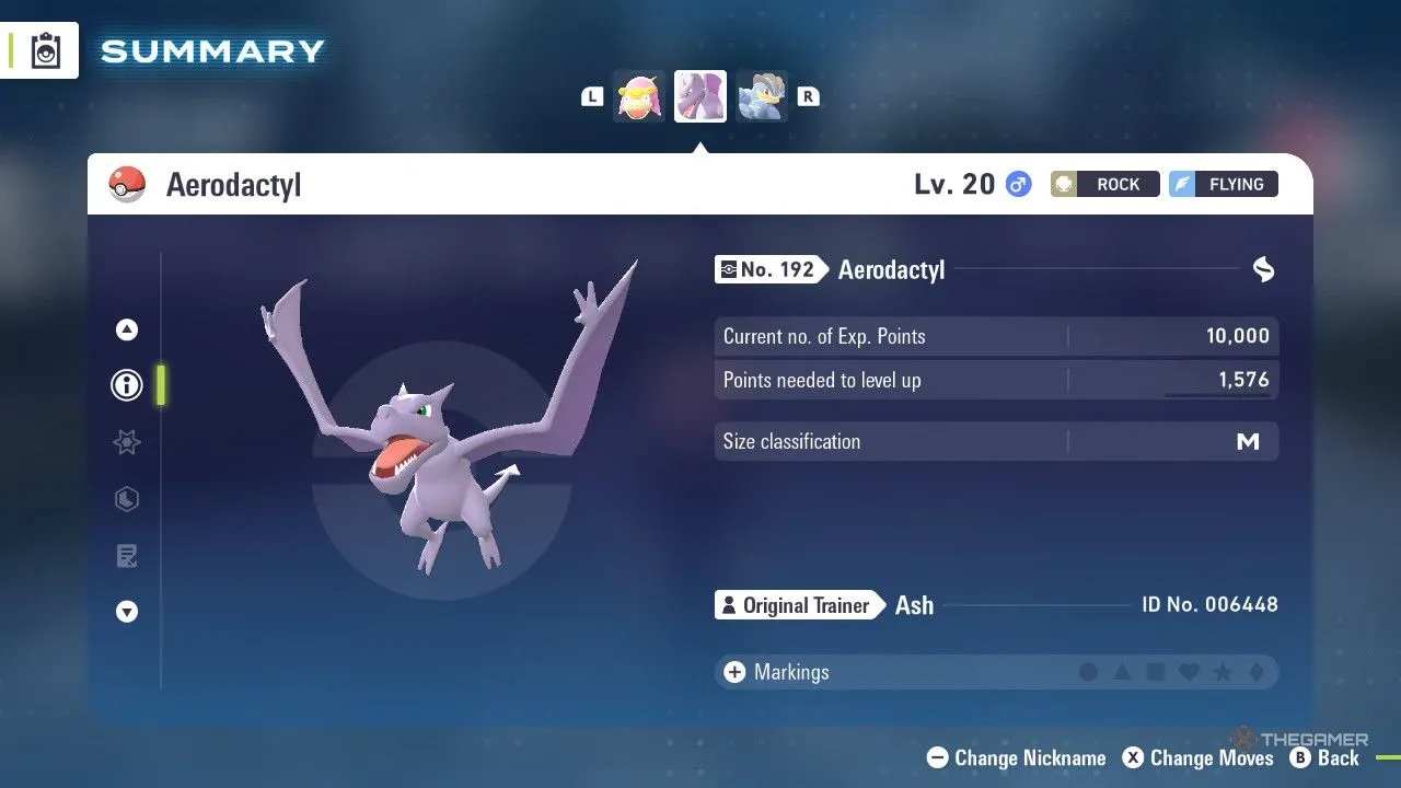 Aerodactyl trên giao diện menu Pokemon Legends Z-A, tư thế sẵn sàng tấn công