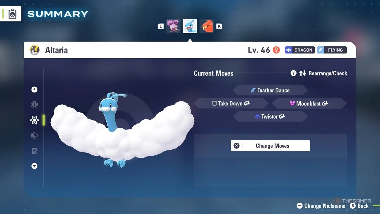 Altaria trong menu Pokemon Legends Z-A, hình ảnh nhấn mạnh kiểu dáng mềm mại nhưng cứng cáp