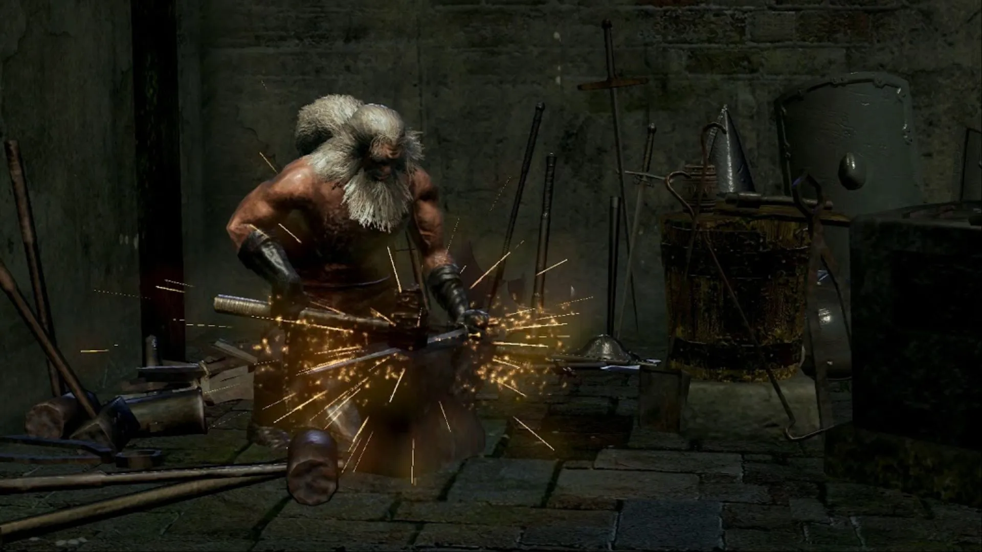 Andre of Astora đang rèn, dễ trở thành mục tiêu thử vũ khí của người chơi