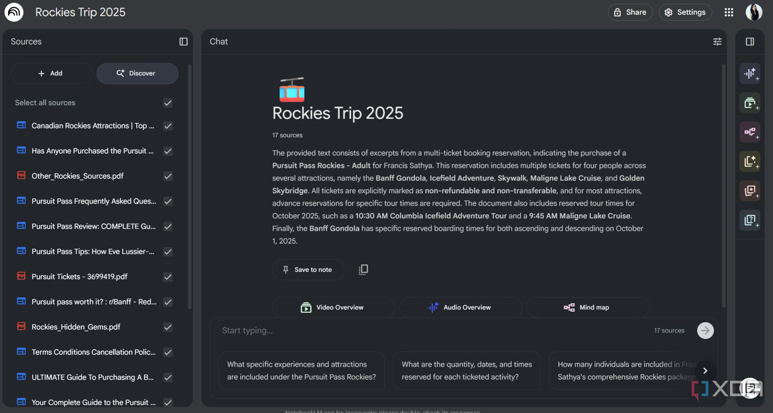 Ảnh chụp màn hình NotebookLM trong kế hoạch Rockies, hiển thị bản đồ và ghi chú liên quan