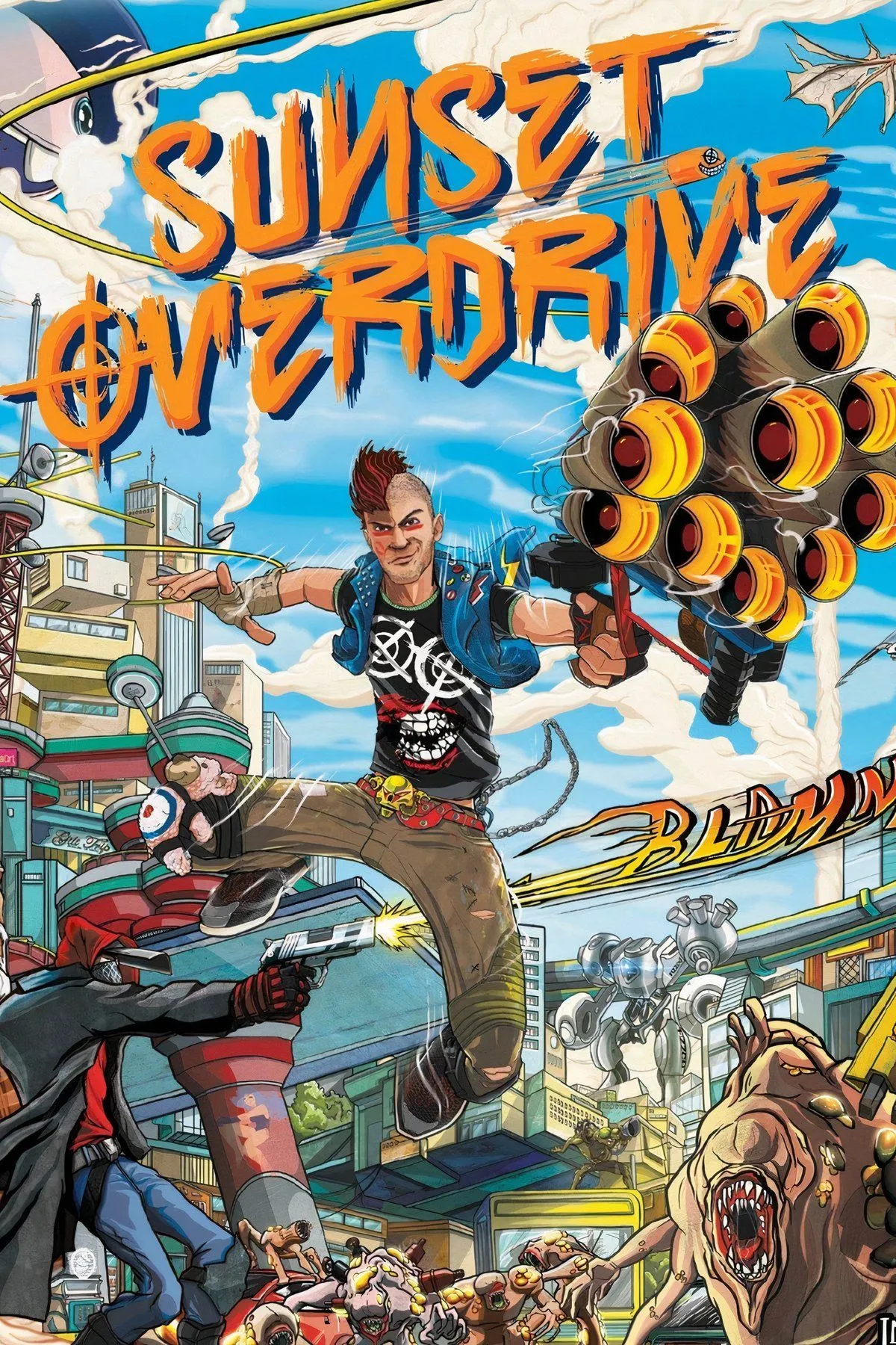 Ảnh Sunset Overdrive thể hiện nhân vật đang grind trên dây điện giữa thành phố đầy màu sắc