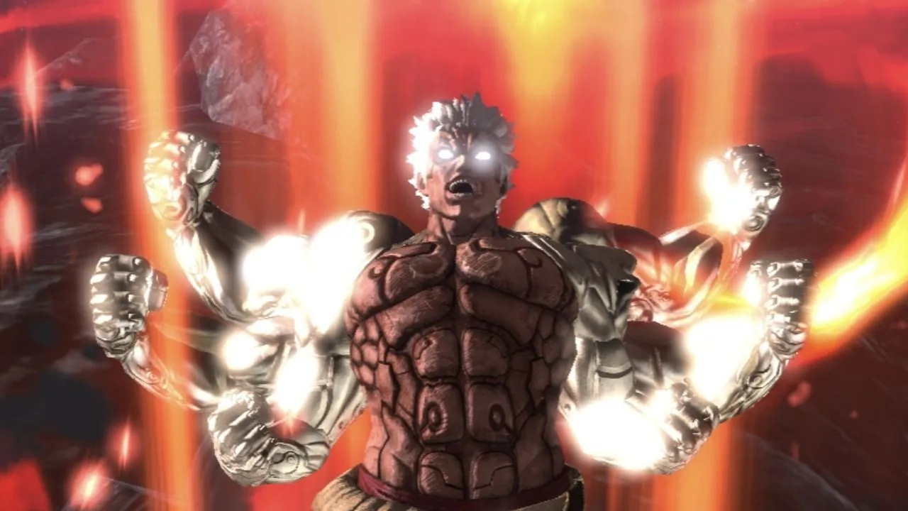 Asura tỏa sáng với nhiều cánh tay trong Asura's Wrath, minh họa QTE và nút bấm đúng nhịp.