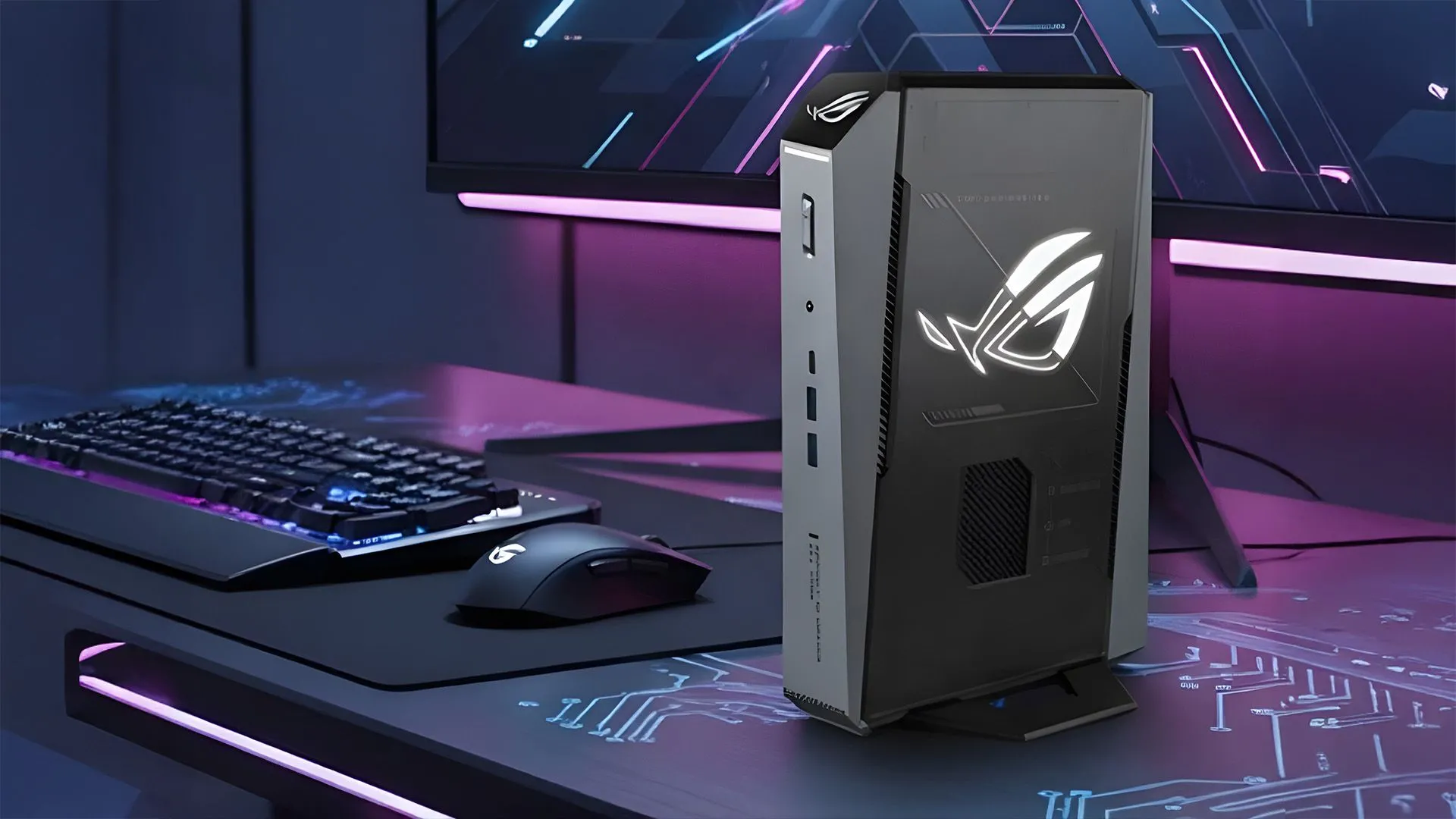 ASUS ROG NUC Ryzern trên nền tối nhấn mạnh logo ROG