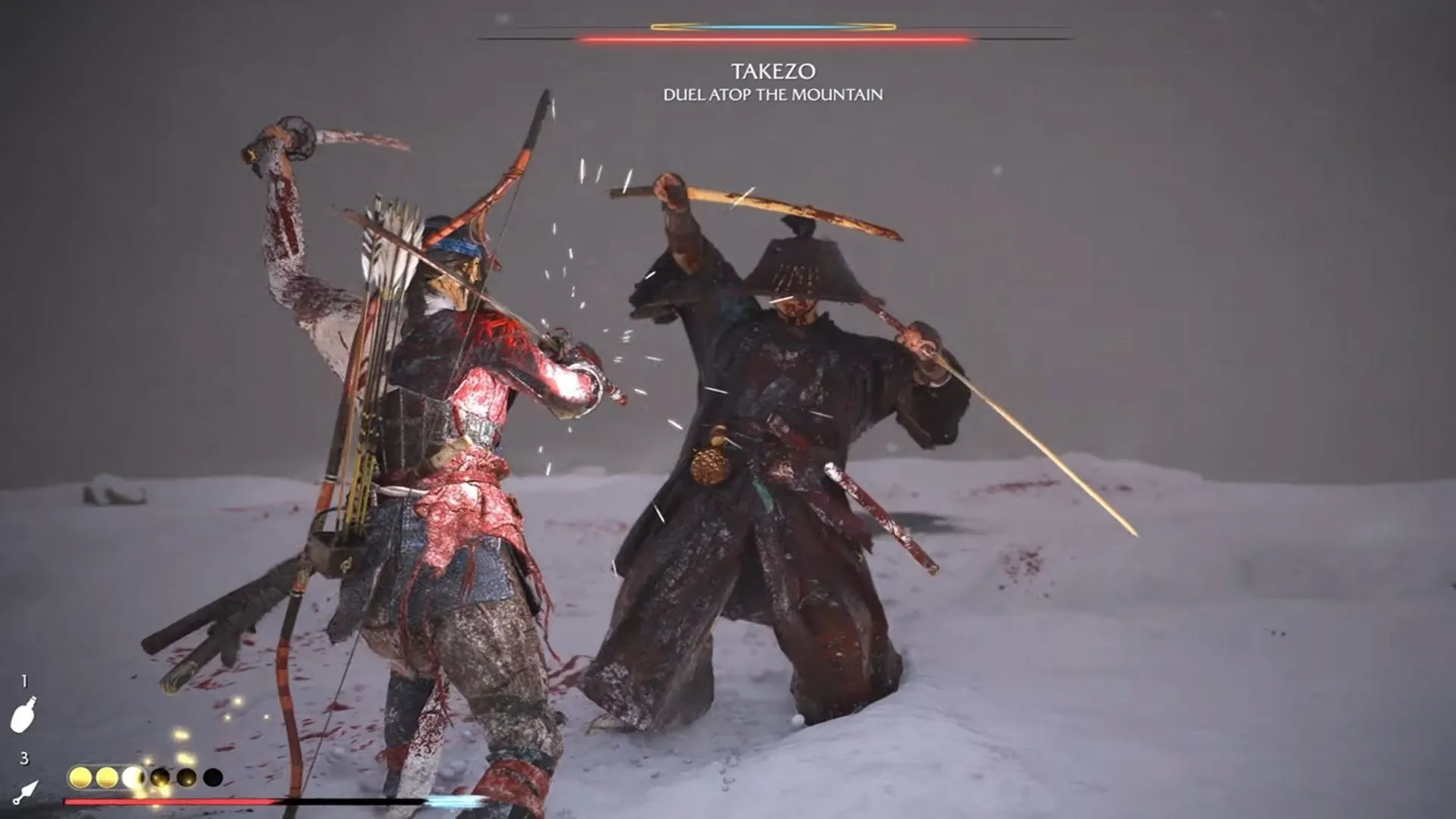 Atsu đánh nhau với Takezo trên nền tuyết, cảnh boss fight căng thẳng trong Ghost of Yotei