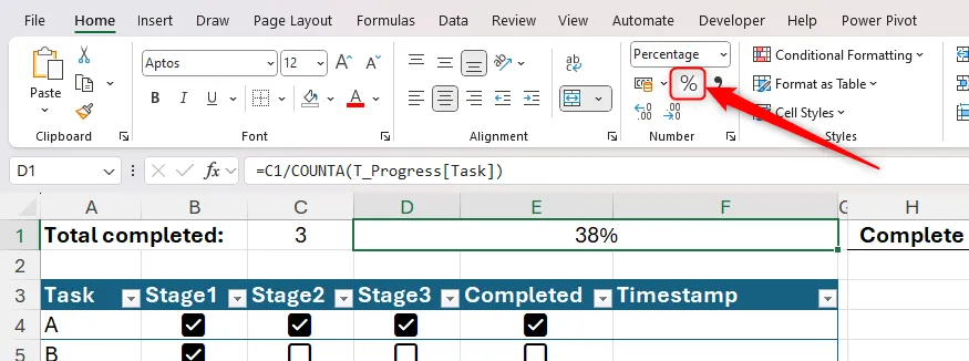 Bấm Percent để chuyển số thập phân thành phần trăm hiển thị trên thanh tiến độ