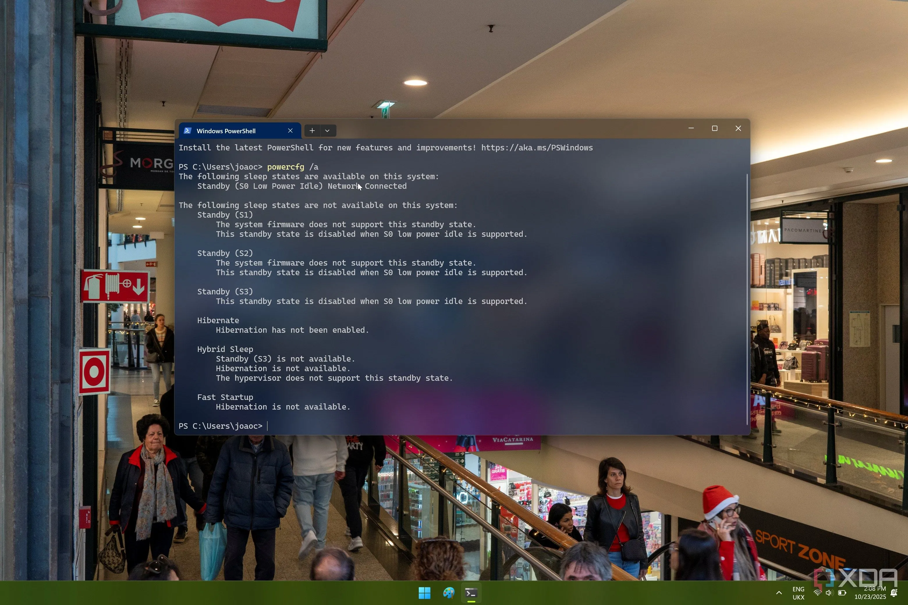 Bảng trạng thái ngủ Windows trong Terminal hiển thị các sleep state có sẵn