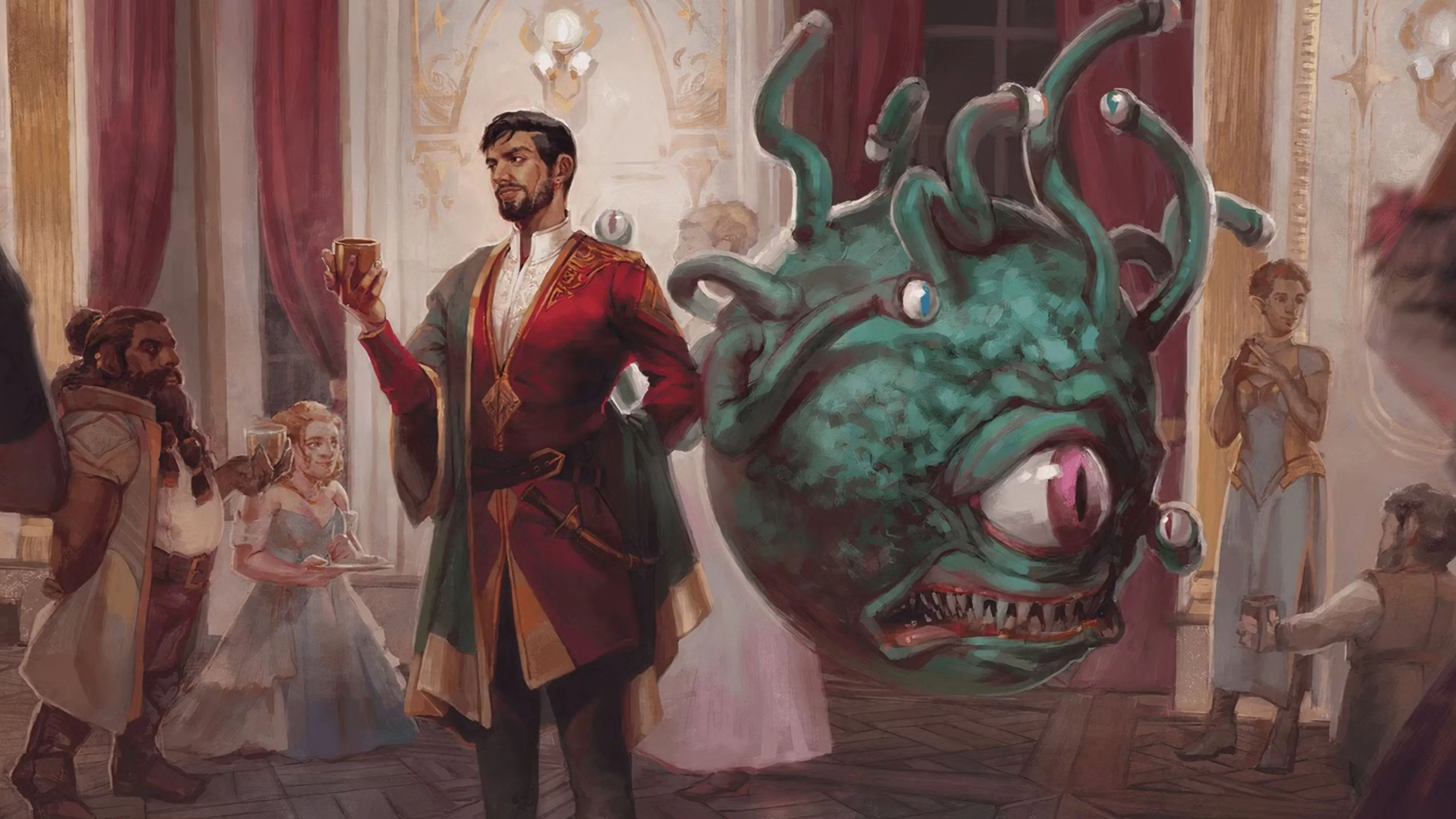Bard và beholder trong vũ hội — minh họa rằng Bahamut có thể châm biếm, tinh tế, không bị giảm uy tín