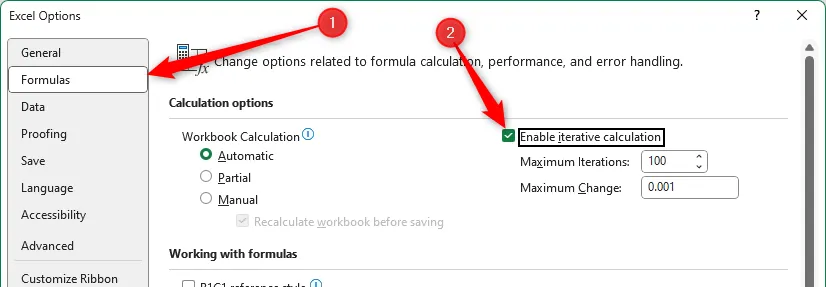 Bật Enable Iterative Calculations trong Excel Options để cho phép công thức circular reference hoạt động như timestamp cố định