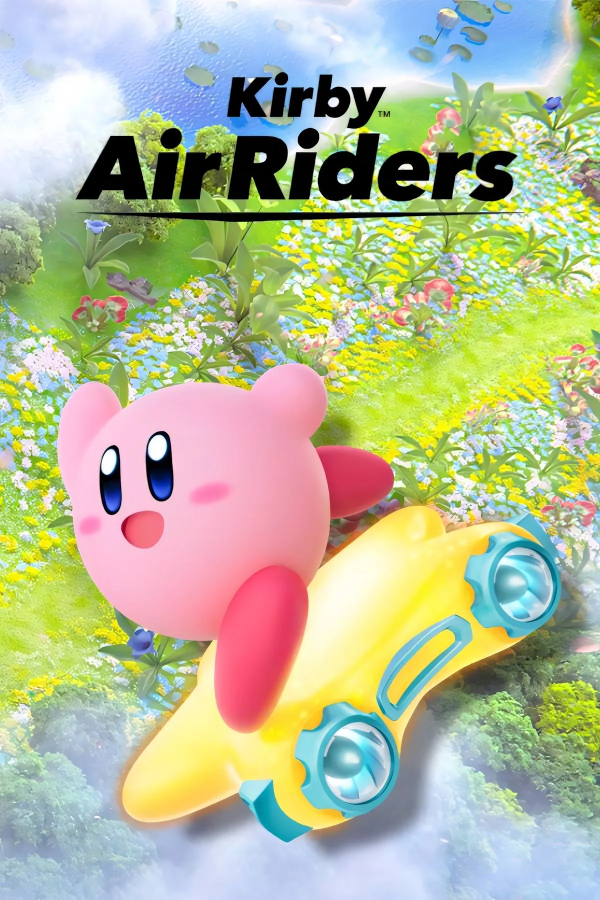 Bìa Kirby Air Riders trên trang giới thiệu, nhấn mạnh phong cách đua vui nhộn và đồ họa tươi sáng