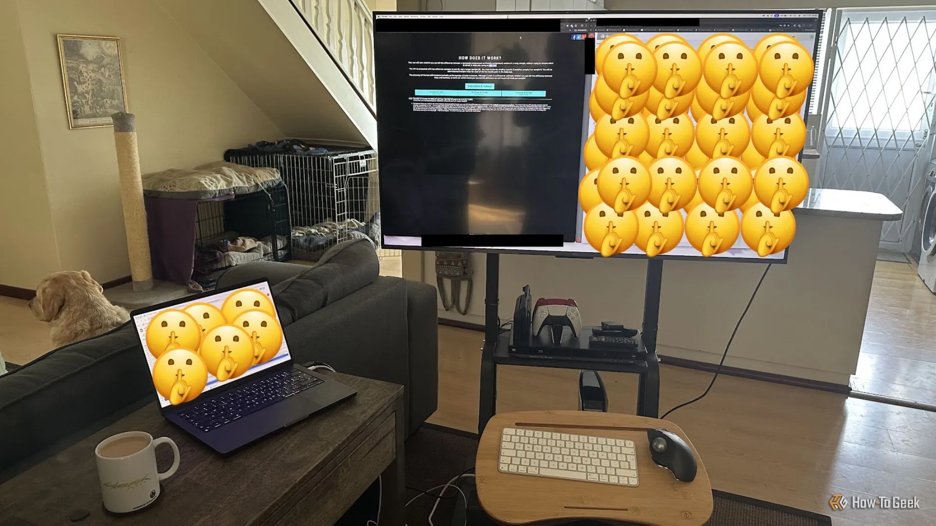 Bố cục làm việc trên TV 4K lớn, minh họa không gian hiển thị thoải mái.