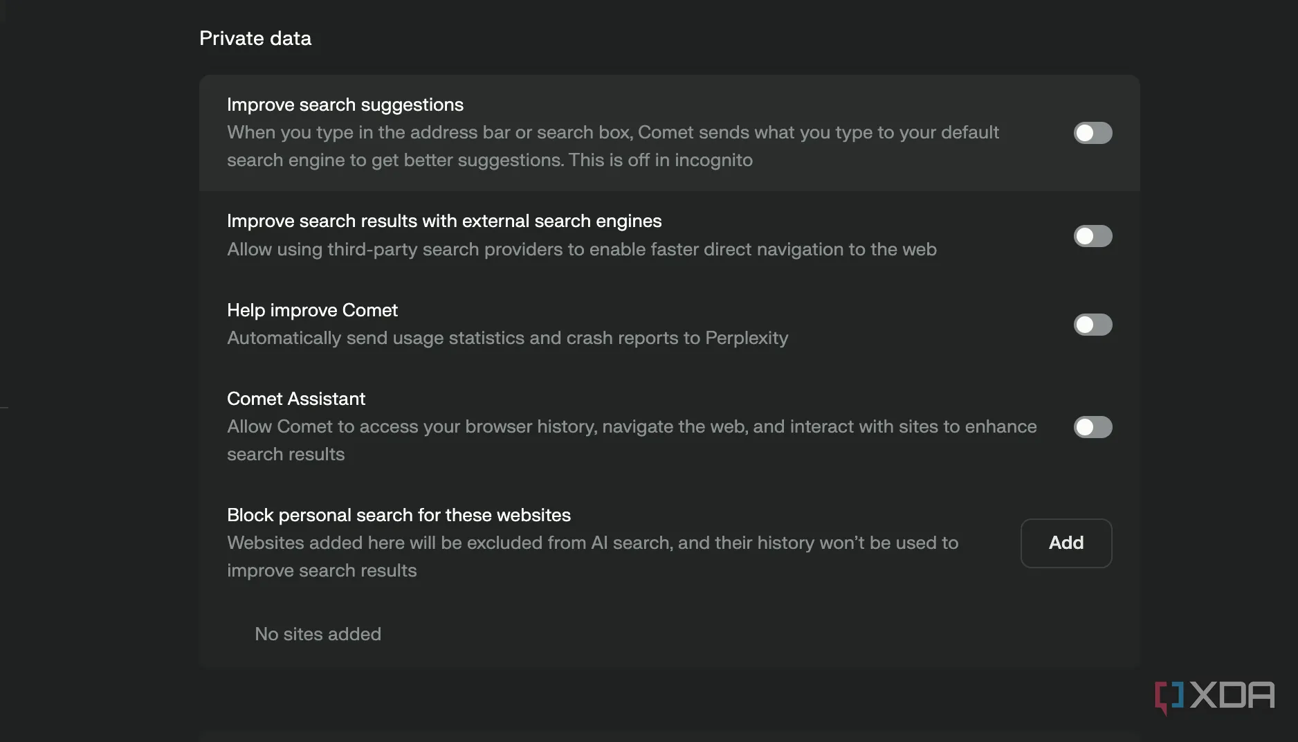 Cài đặt quyền riêng tư của Comet trên macOS, hiển thị tùy chọn tắt AI và hạn chế theo dõi