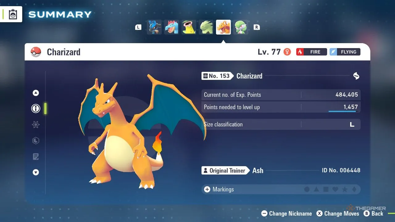 Charizard trong menu Pokemon Legends Z-A, biểu tượng rực lửa thể hiện sức công phá hệ Bay mạnh mẽ