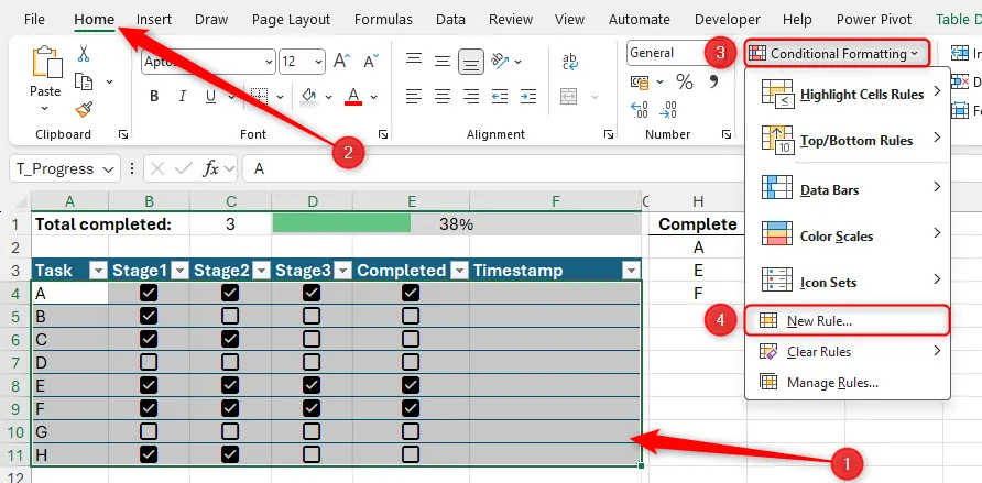 Chọn chế độ New Rule trong Conditional Formatting khi áp công thức cho cả bảng