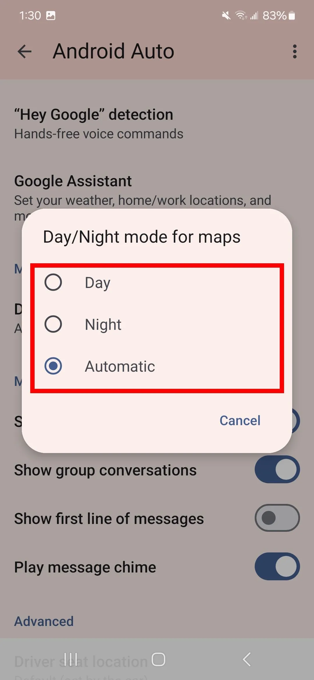 Chọn Day/Night mode for maps trong Android Auto để thay đổi giao diện bản đồ